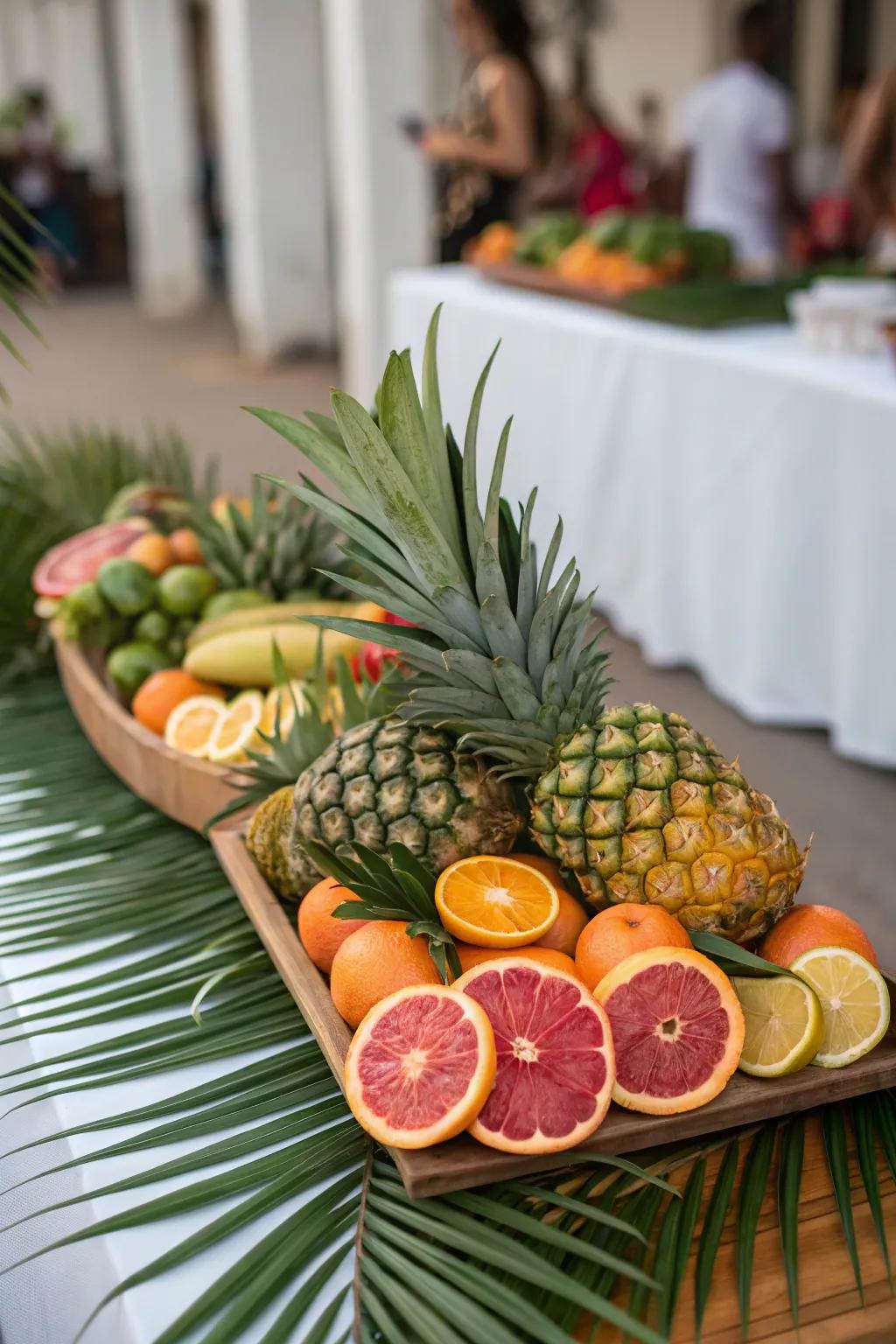 Fruits contribute an exciting and refreshing component to frond centerpieces.