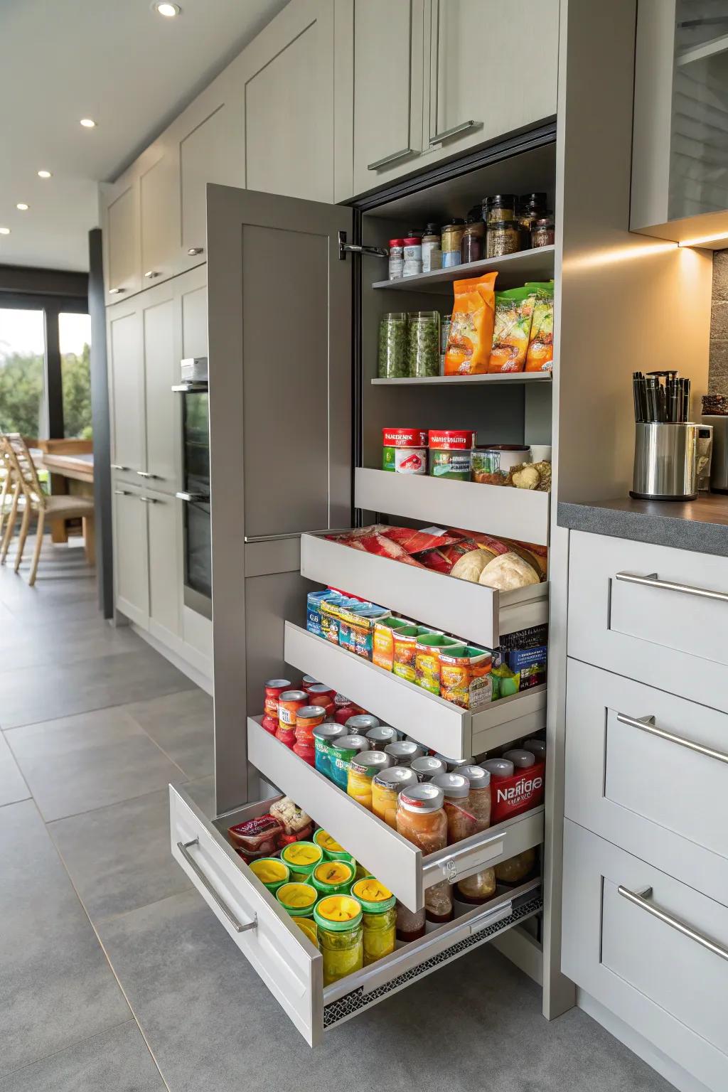 Pull-out drawers offer organization and easy access.