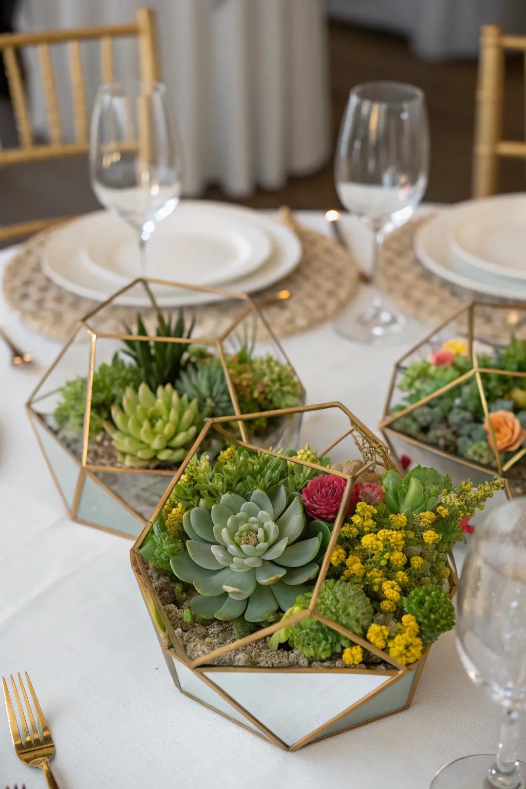 A modern geometric centerpiece showcasing succulents.