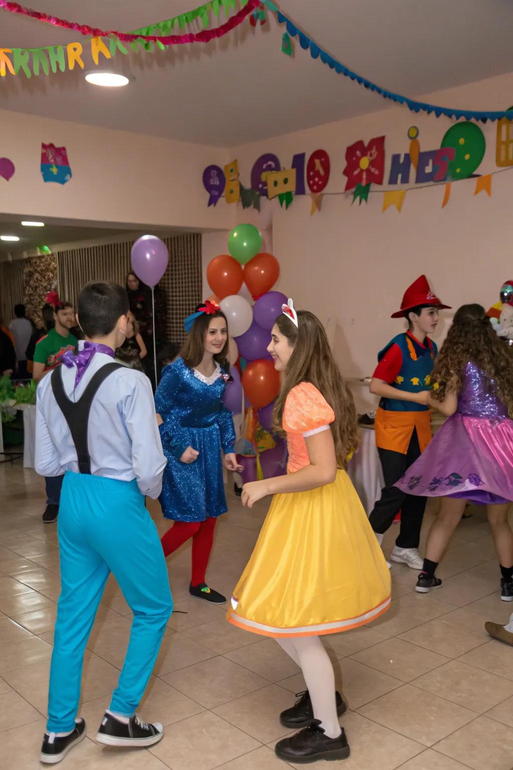 Teens showcasing creativity at a themed dress-up celebration.