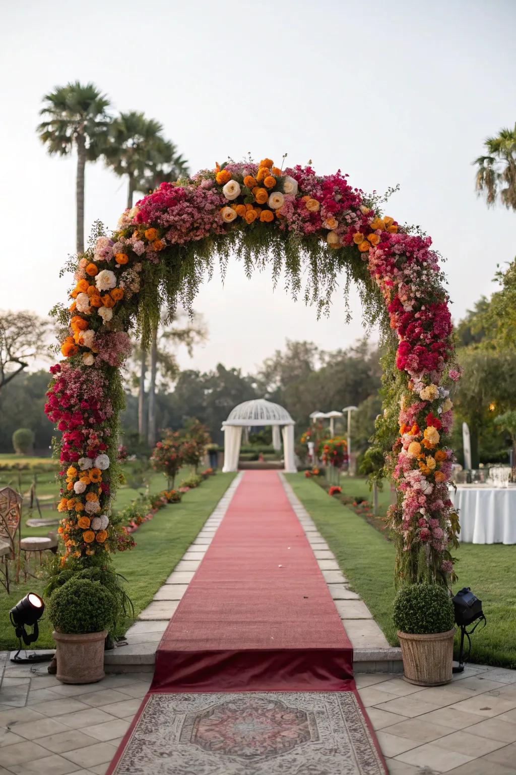 A flowered bow structure building an amazing entrance for a rice-feeding ceremony.