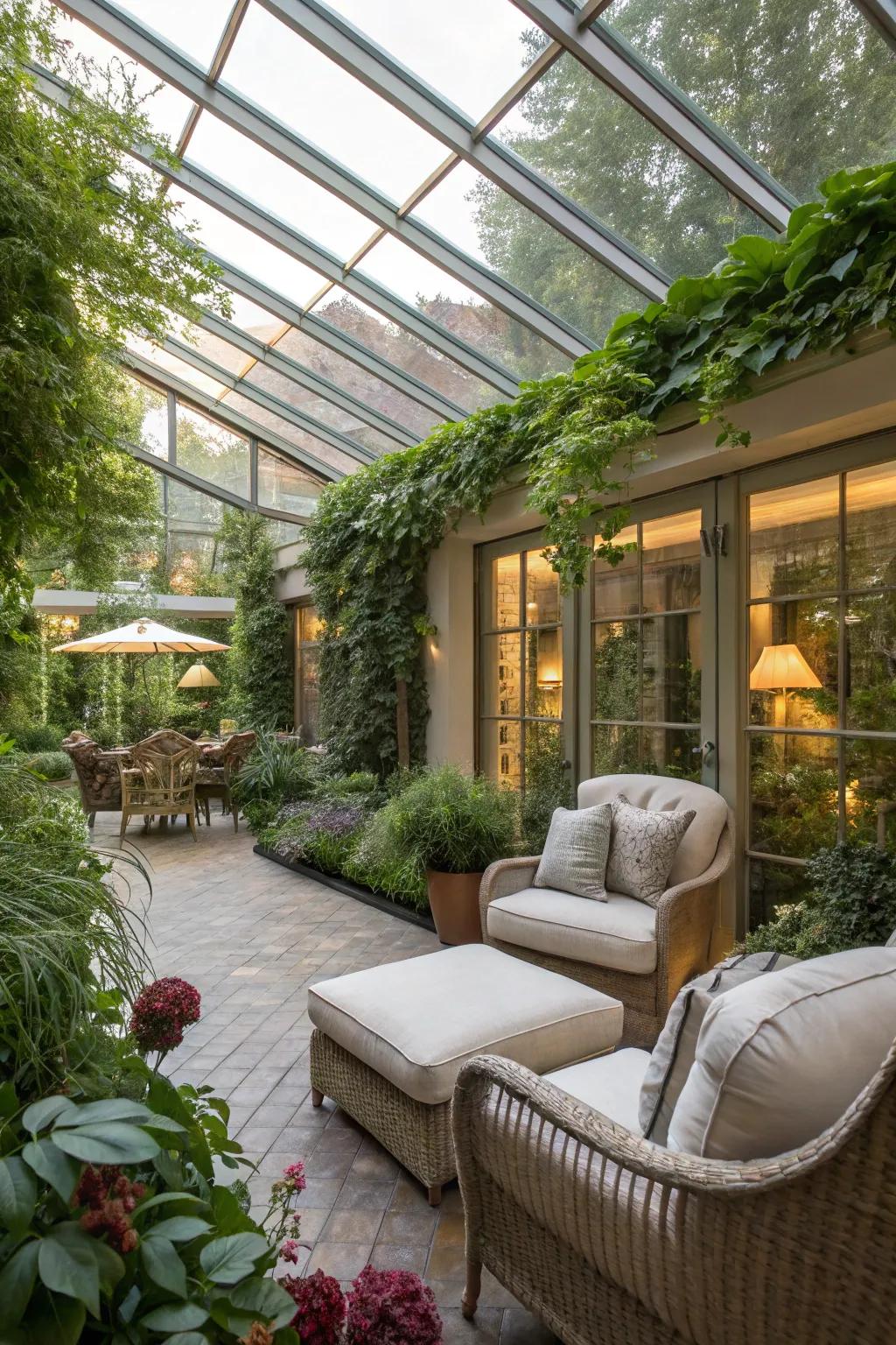 A solarium where plants and comfort exist side by side wonderfully.
