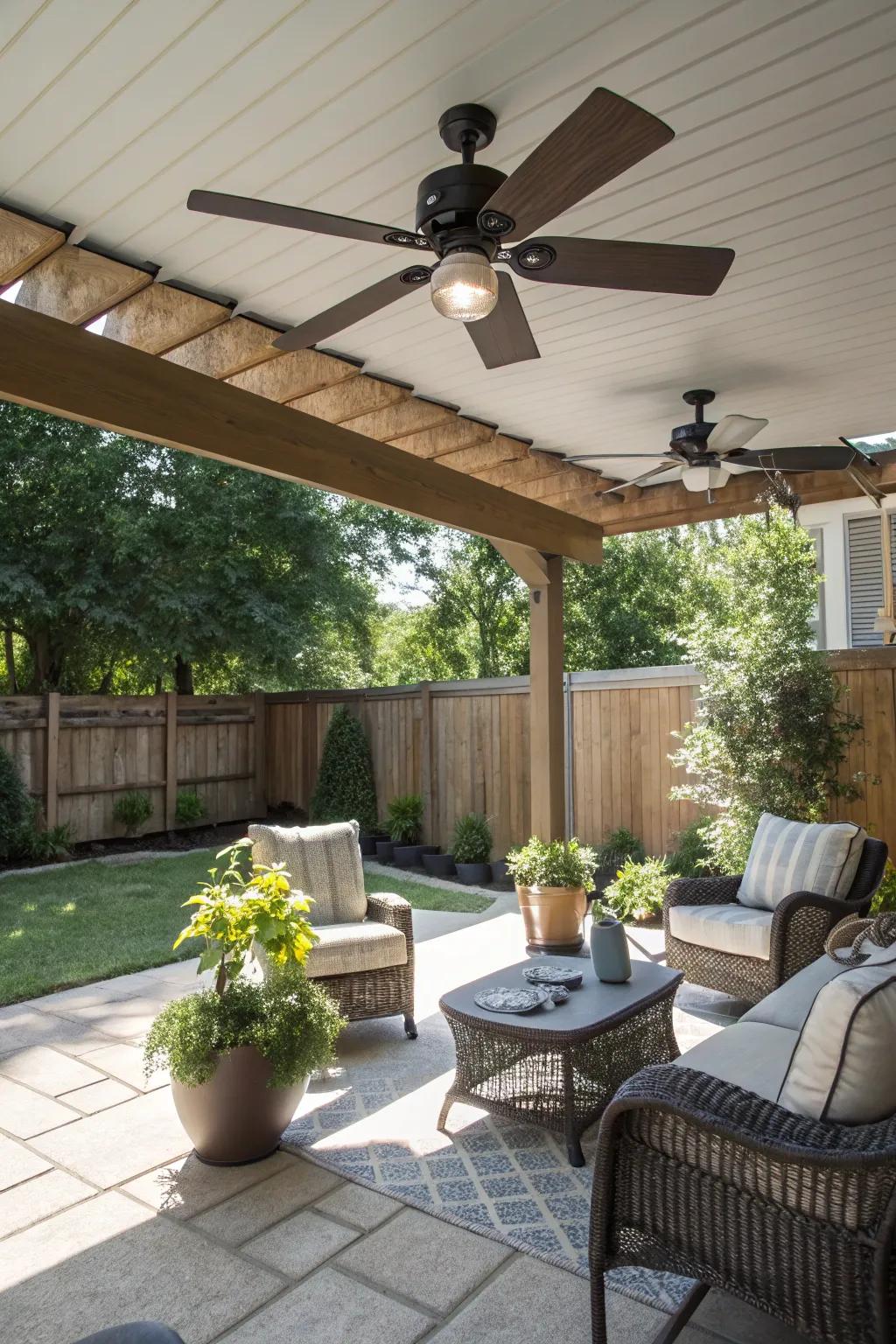 A sustainable patio featuring a solar-powered ceiling fan.