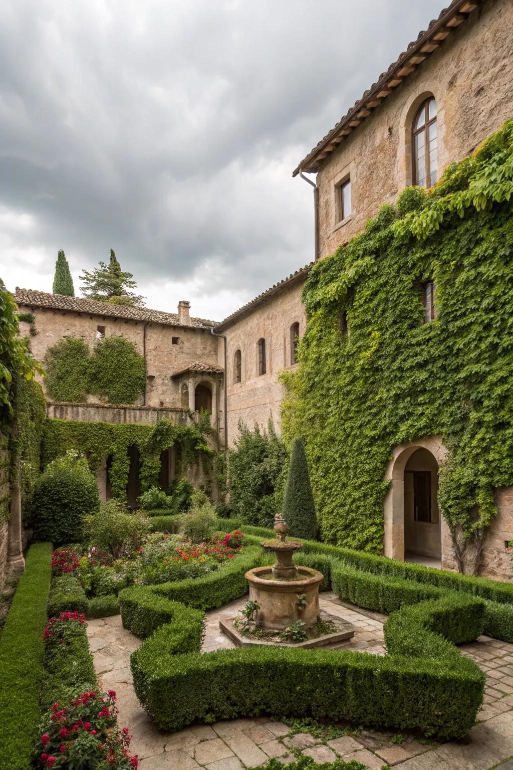 Ivy-covered walls fashion a romantic and secluded setting.
