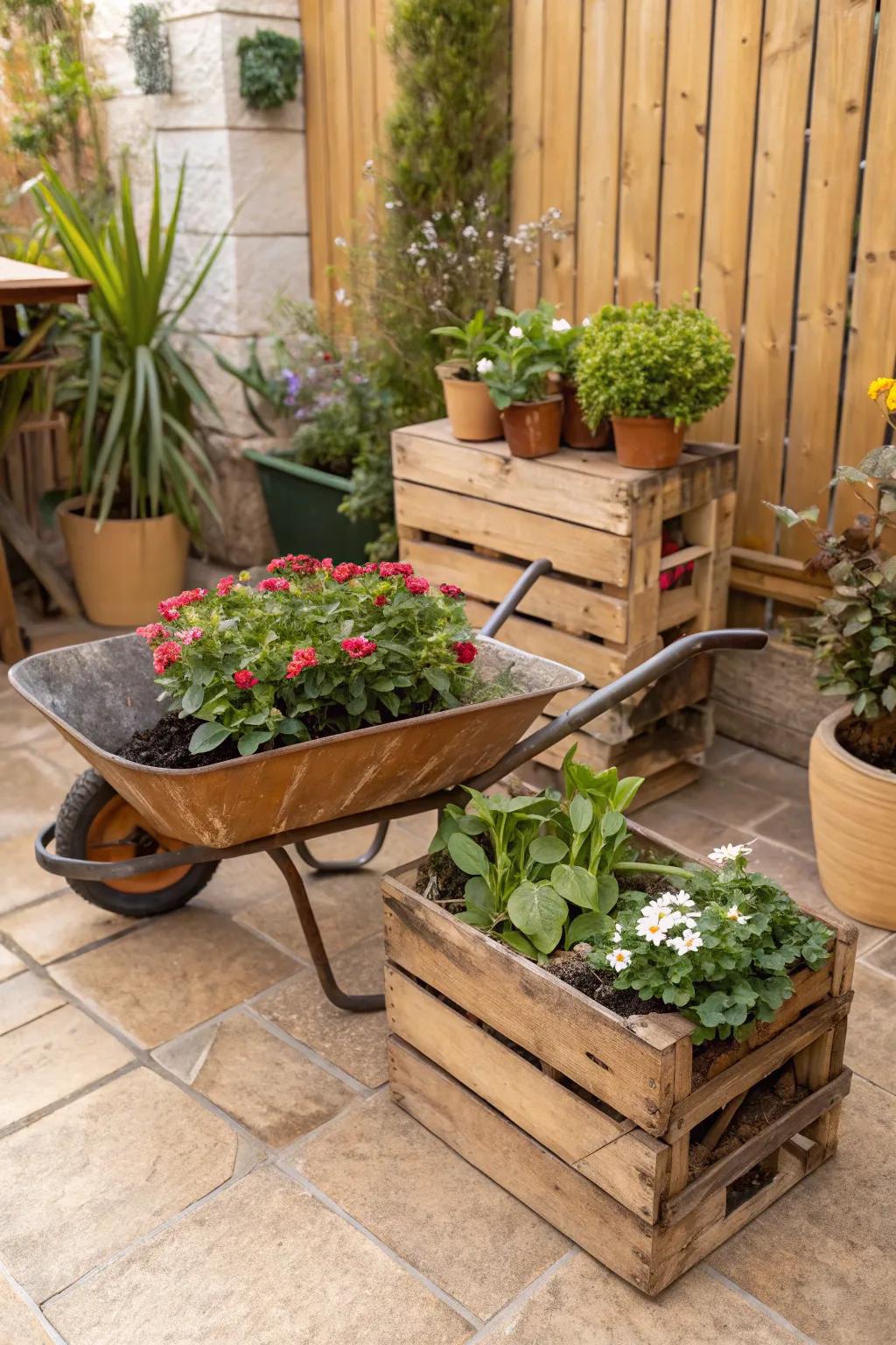 Inventive use of repurposed containers contributes individuality to the garden.