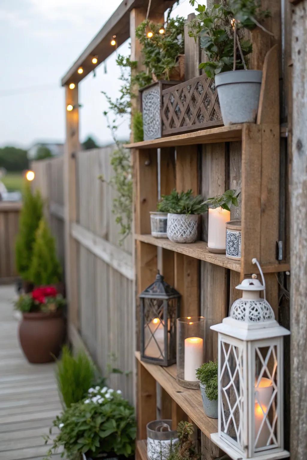 A wood backdrop featuring shelving for decorative display.
