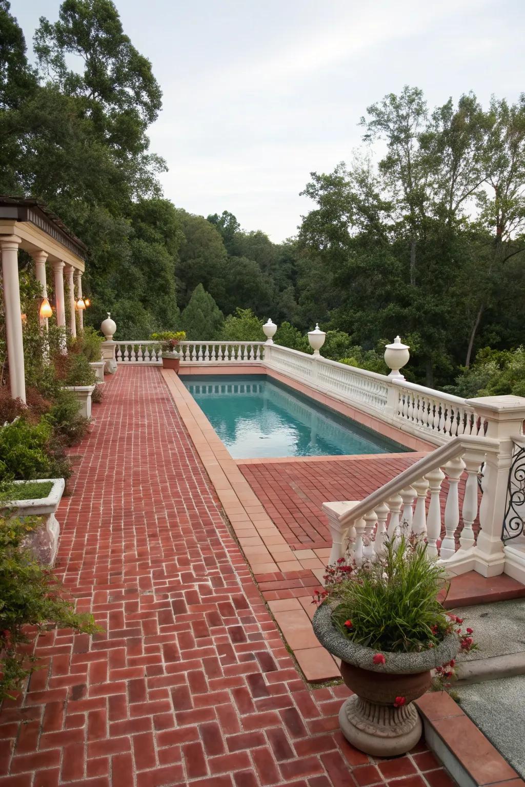 Block paving lends warmth and a traditional nuance to the poolside.
