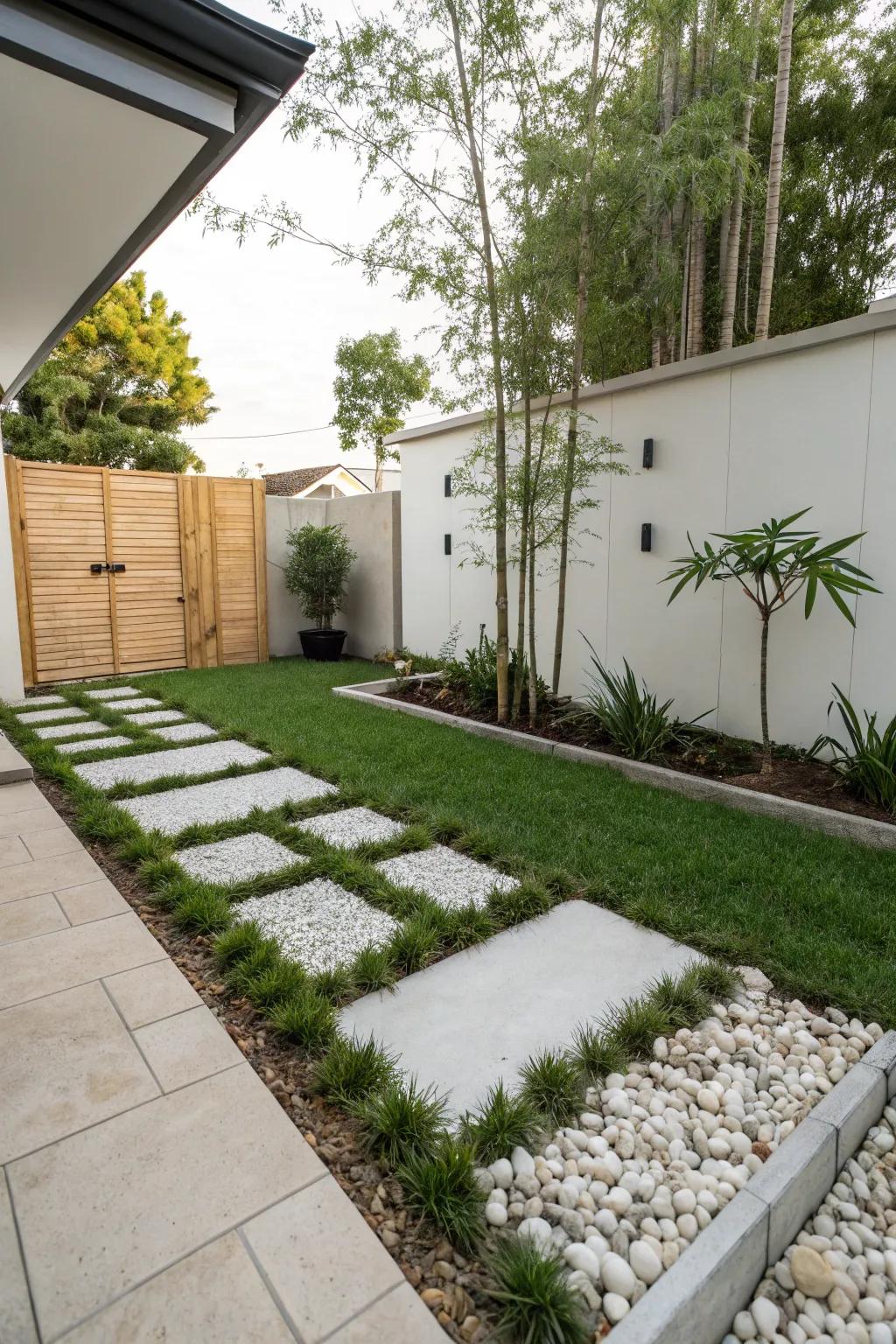 Minimalist tranquility schemes transport serenity to outdoor spaces.