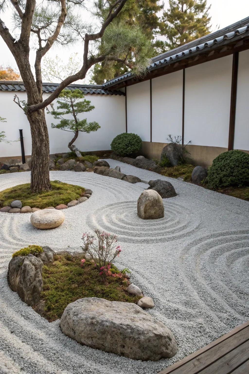 A serene Zen garden conducive to contemplation and serenity.