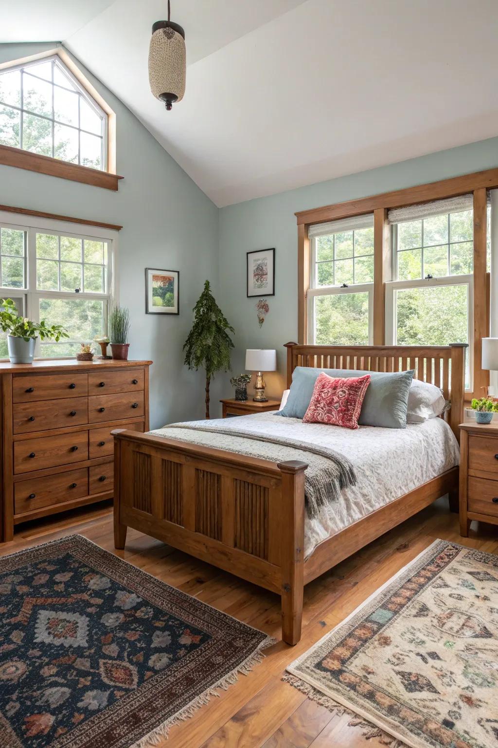 A bedroom showcasing wood furniture that adds warmth and natural beauty.