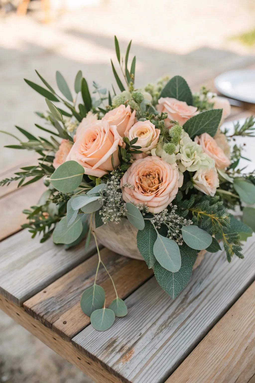 A nature-inspired centerpiece in peach and sage for an everlasting appearance.