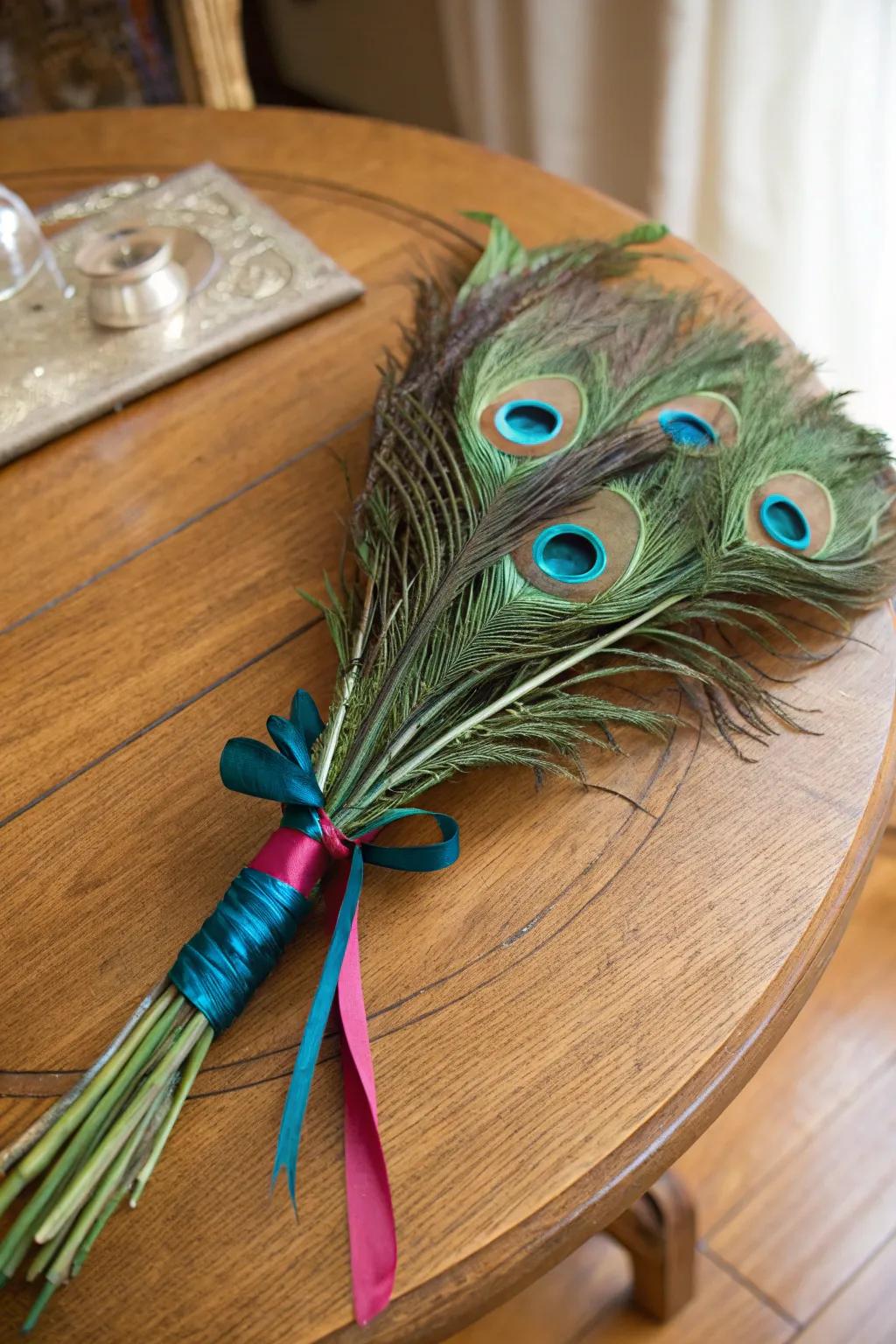 A delightful centerpiece exhibiting bow-tied pheasant plumes.