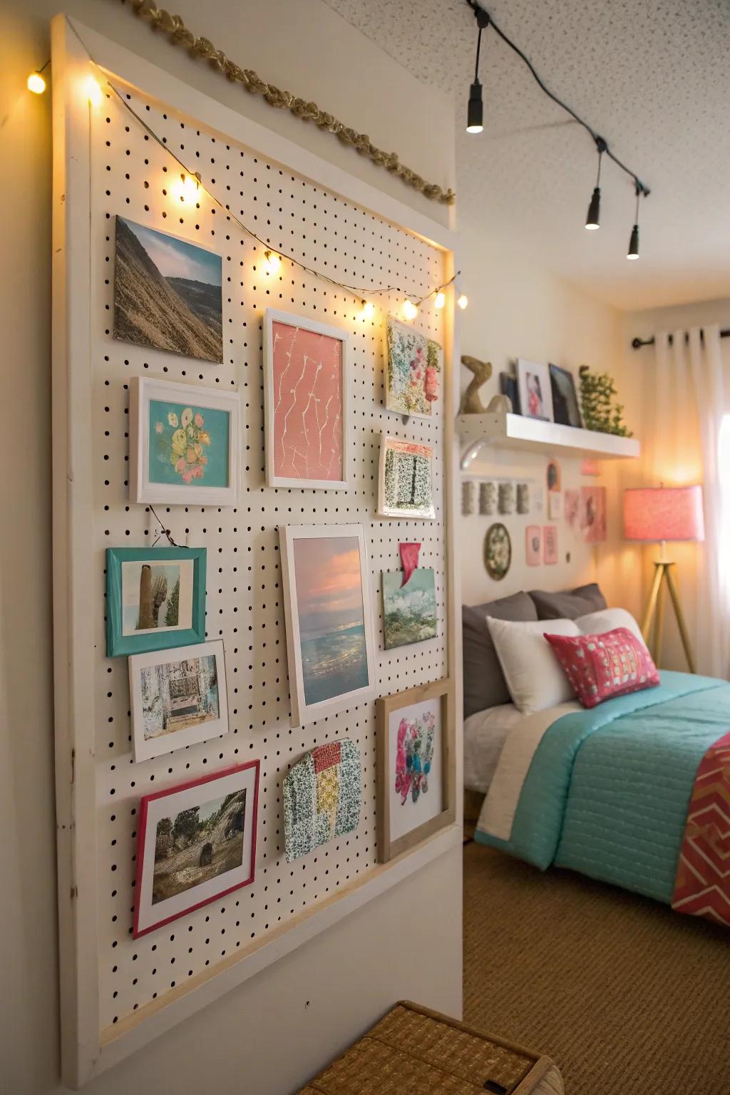 Personalize your space with a pegboard art exhibit.