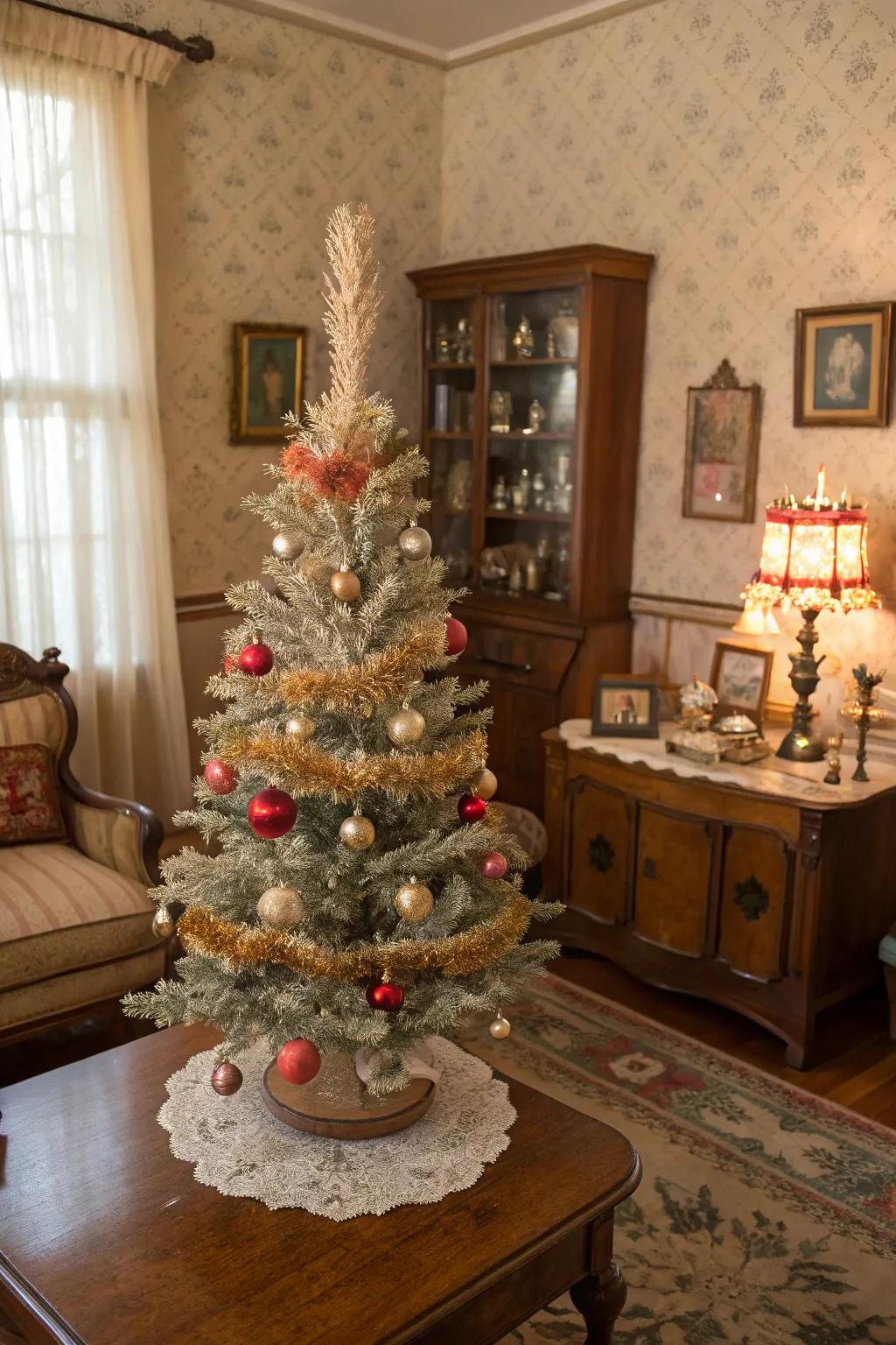 Bygone era allure on a slender Christmas tree with unique ornaments.