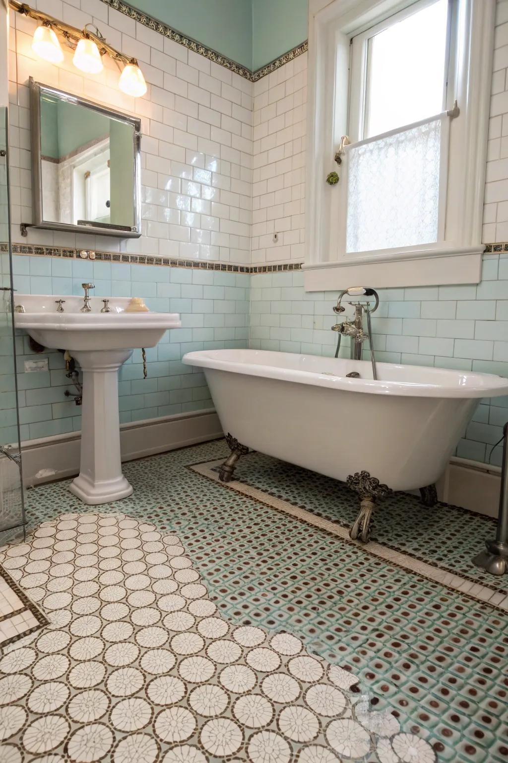 Nostalgic design featuring penny tiles in a vintage-inspired bathroom.