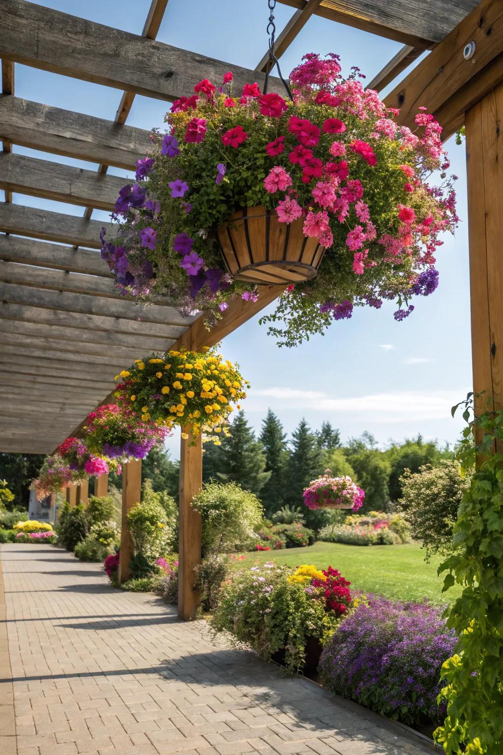 Hanging planters achieve a floating garden impression beneath the pergola.
