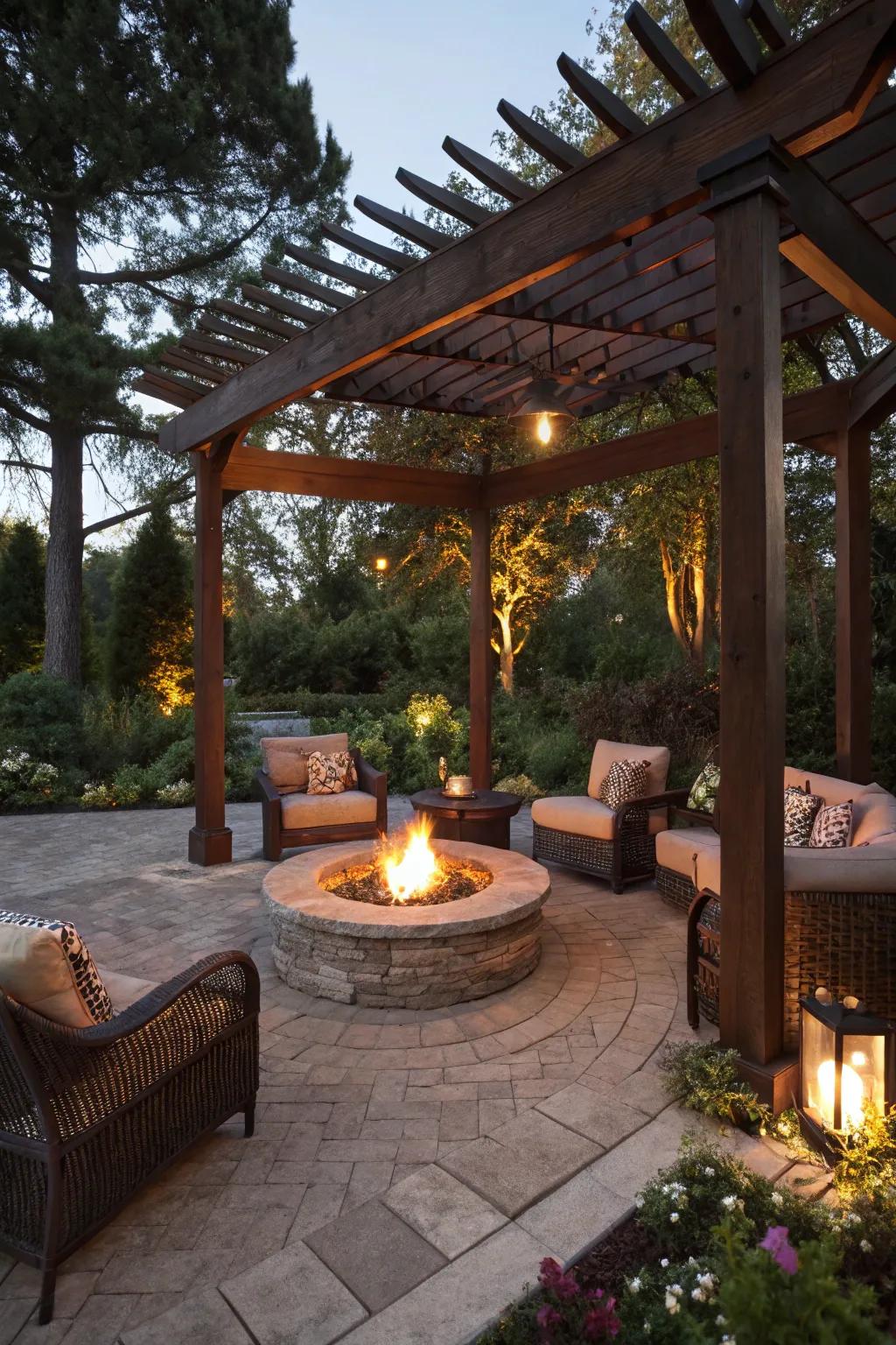 The warmth and atmosphere of a central fire pit are provided beneath the pergola.