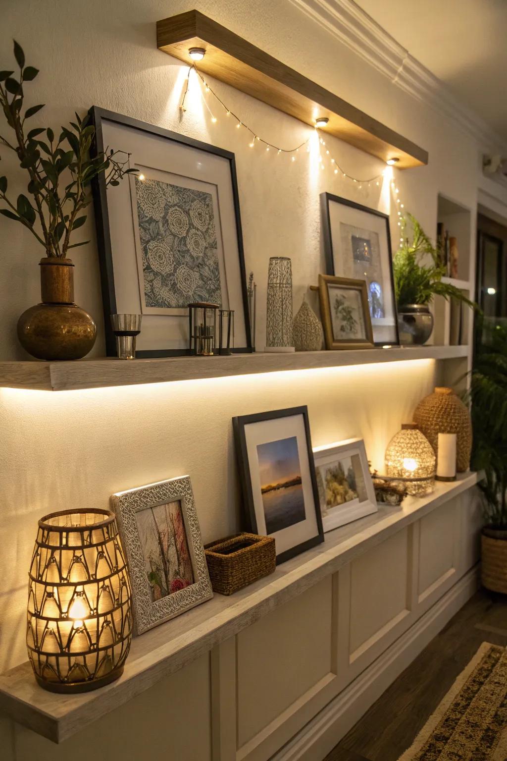 Utilize accentuated lighting to make your shelf an inviting focal point.