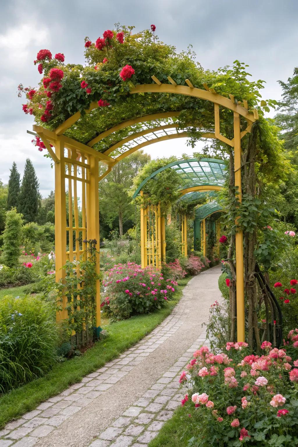 A vibrant arbor becomes a cheerful centerpiece, adding a pop of color to your garden.