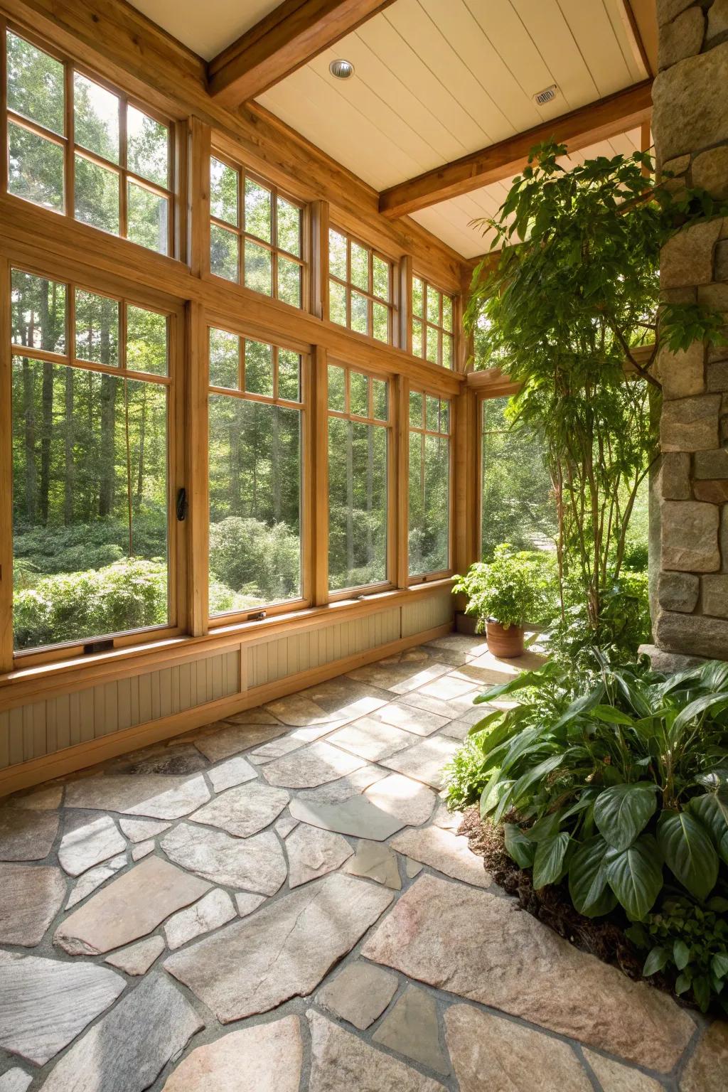 Original stone floors enhance the indoor-outdoor connection in sunrooms.