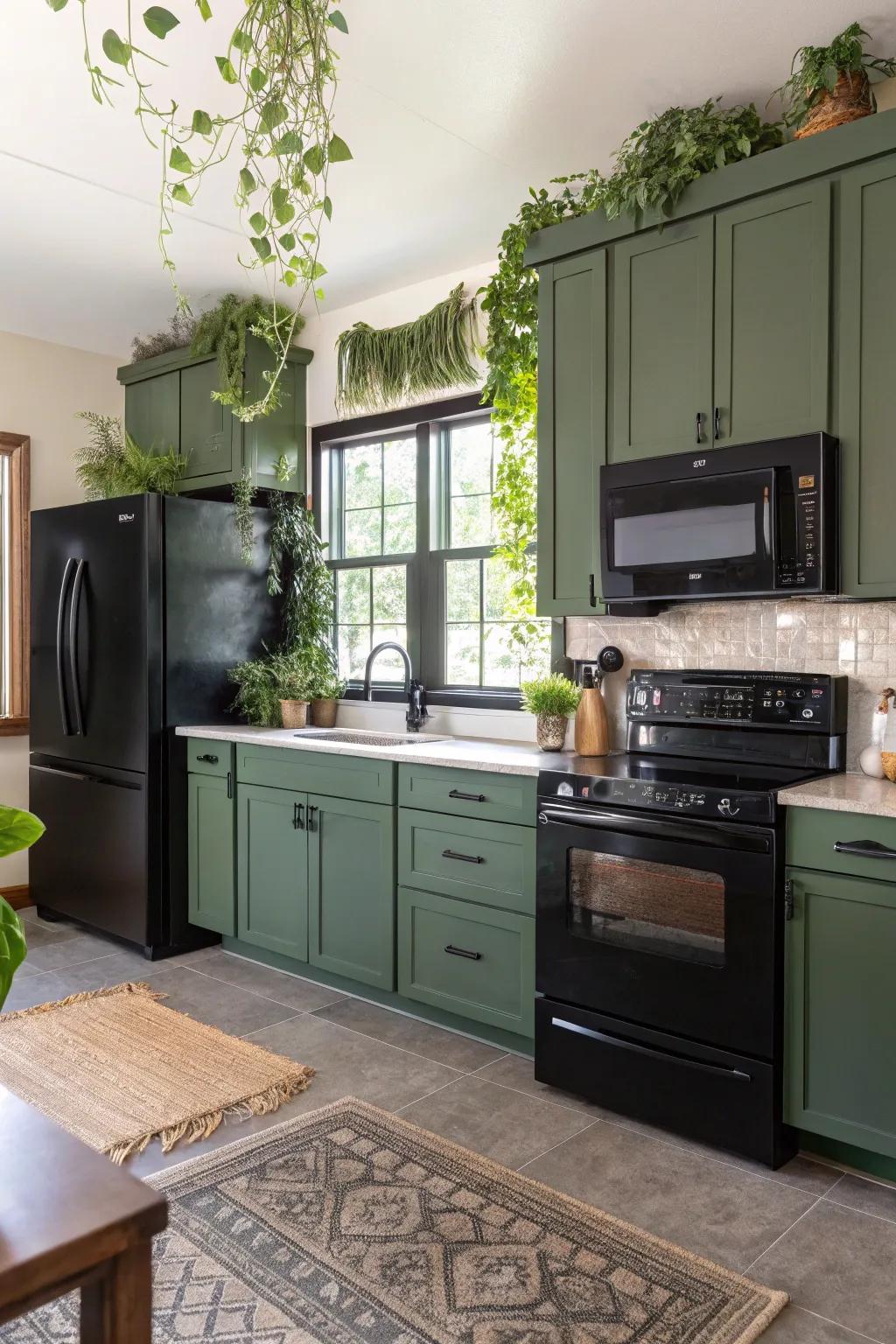 Viridescent and charcoal create a calming and stylish kitchen.