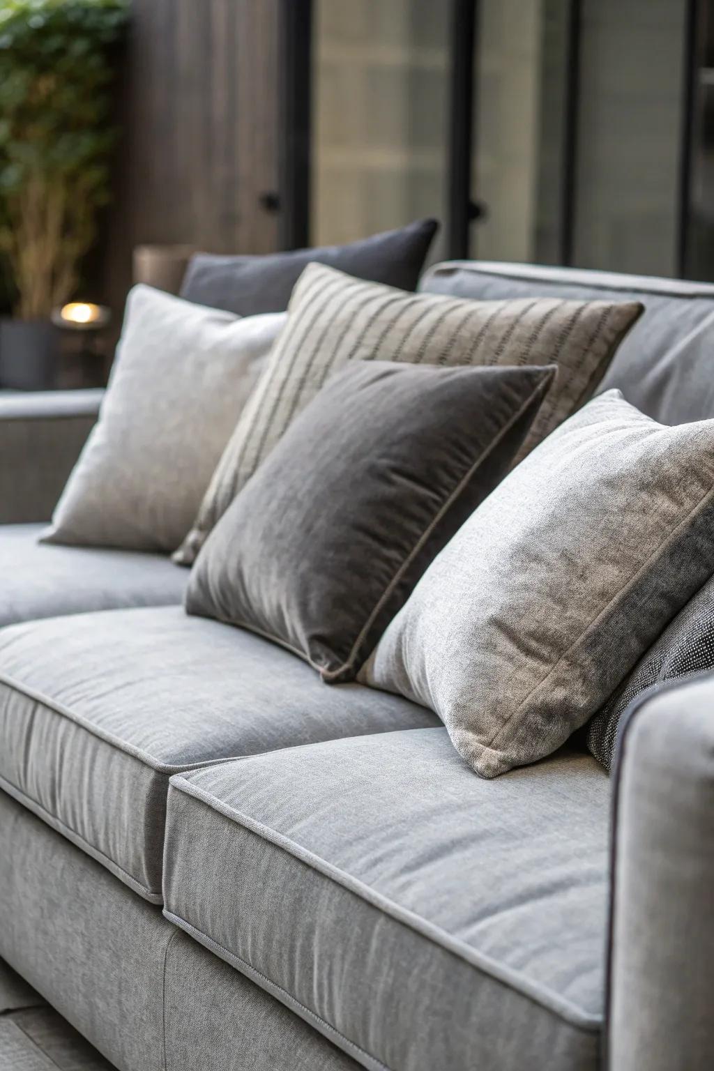 Single-color cushions in gradations of gray for a refined aesthetic.