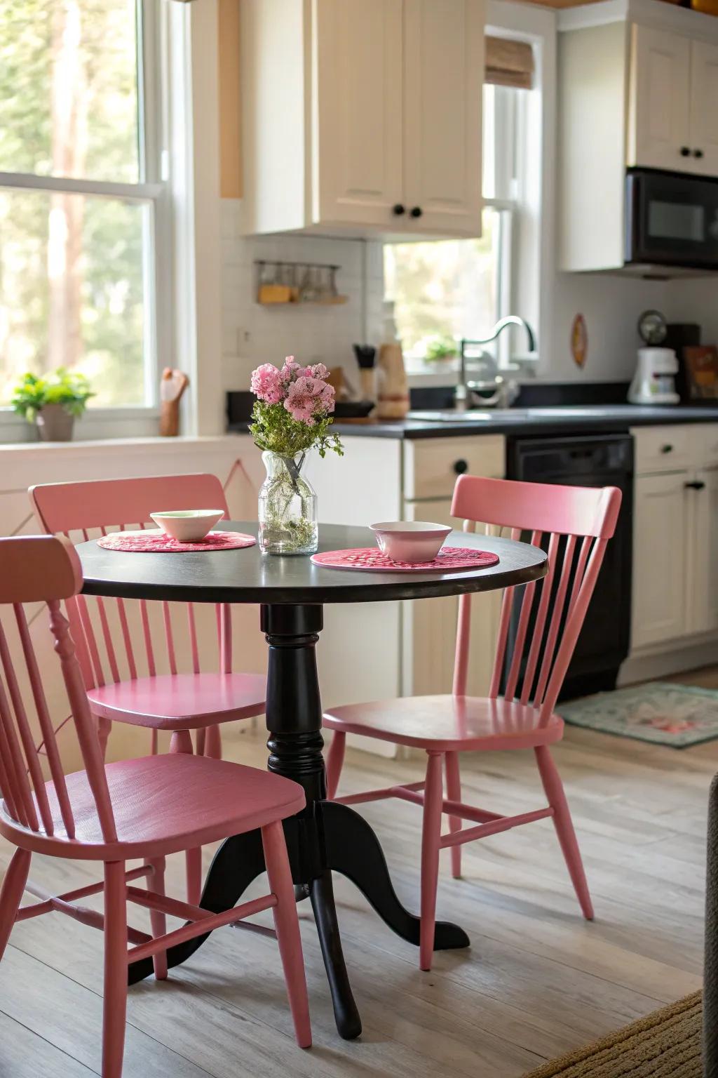 A harmonious dining space complements the kitchen's chosen palette.