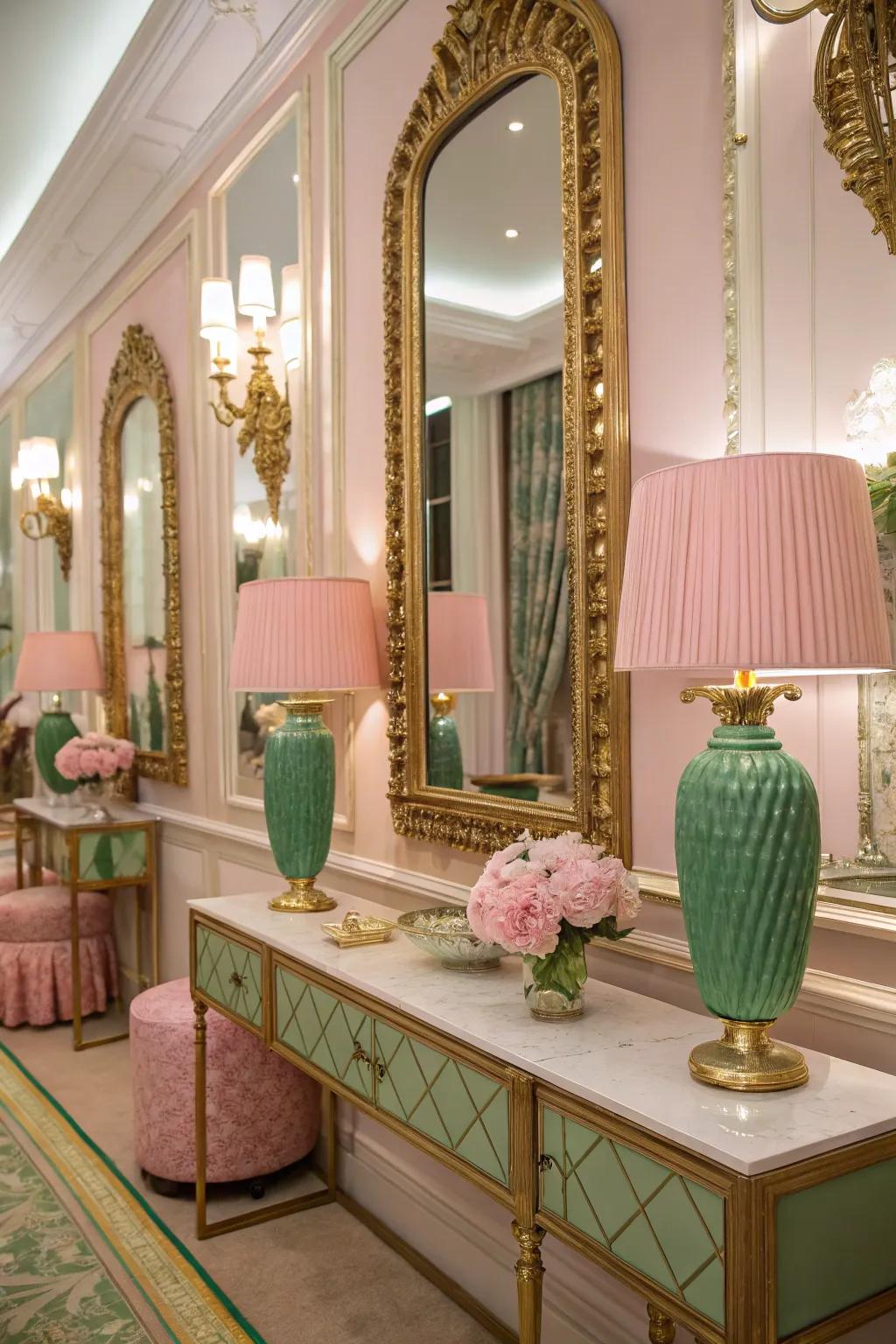 Golden elements elevate the luxurious sense of pink and green decor.