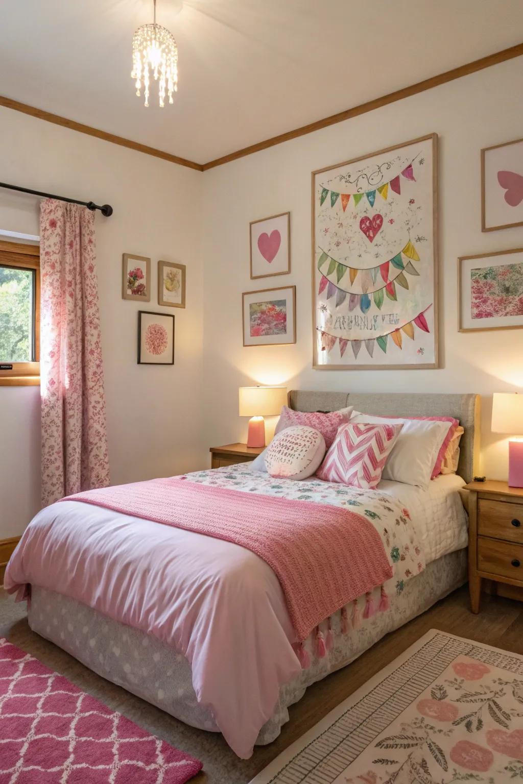 Striking rose-themed artwork enhances the character of this modern bedroom.