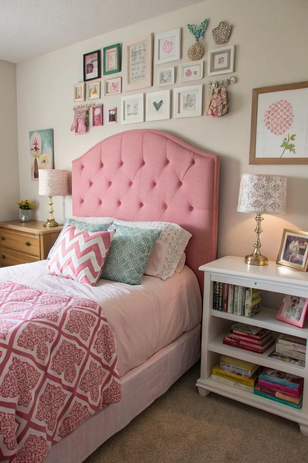 A custom and charming bedroom featuring a DIY pink upholstered panel headboard.