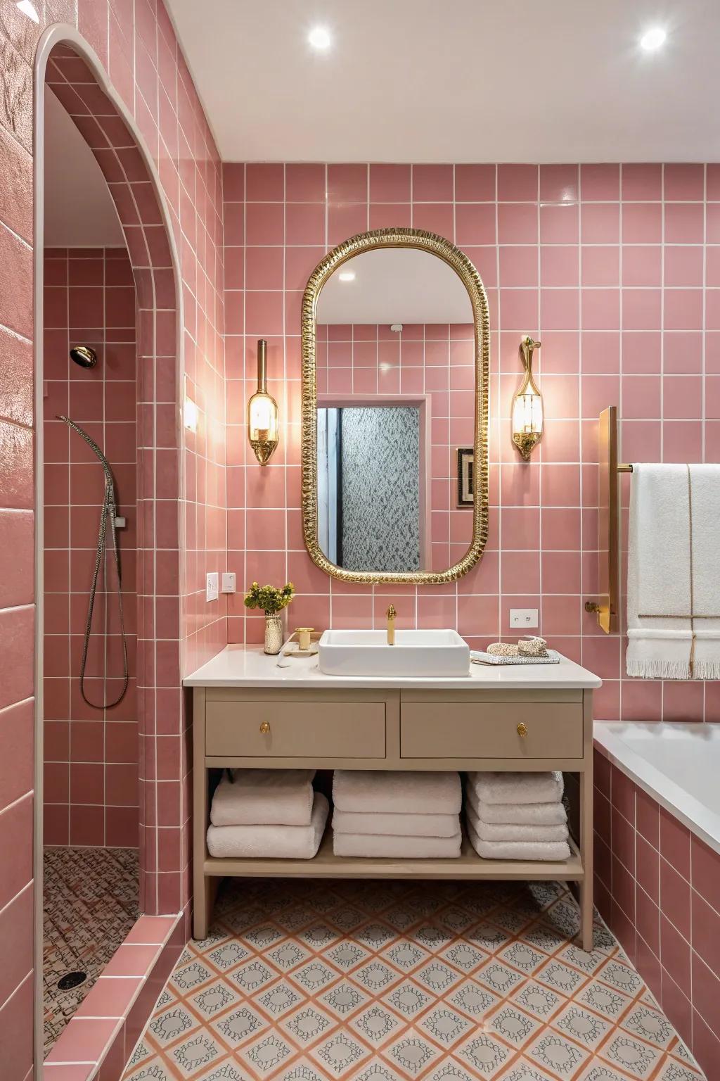 Practical decor elements harmonizing with rosy tiles.
