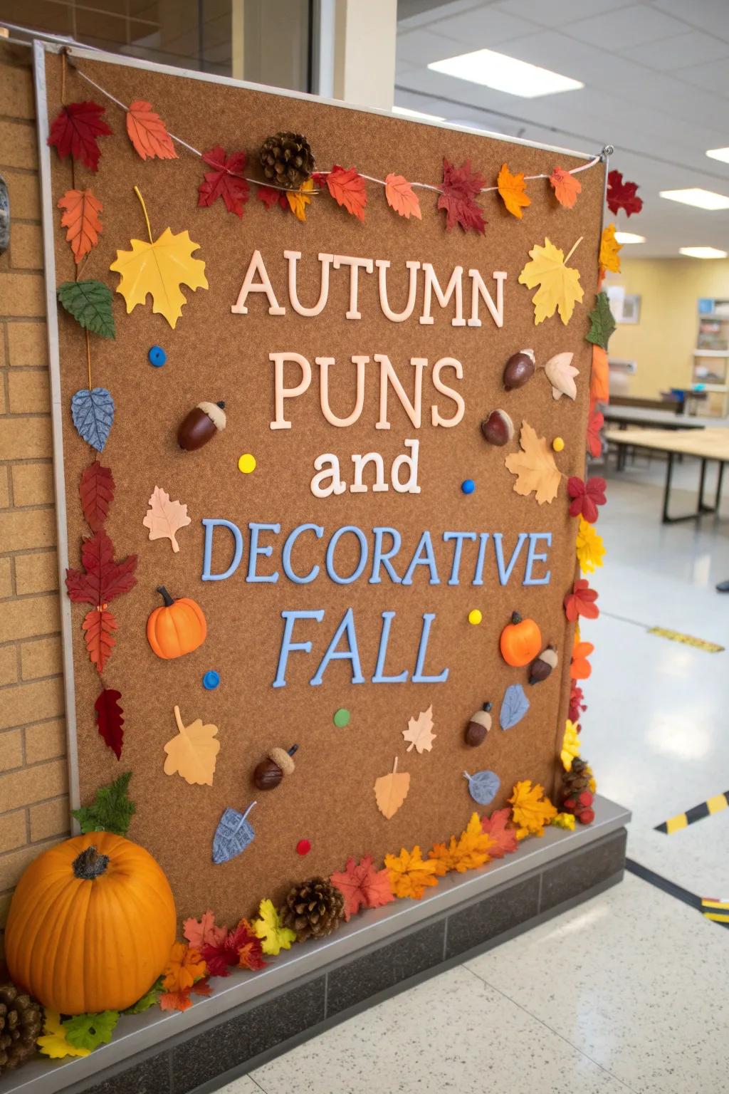 A playful fall bulletin board featuring humorous autumn puns.