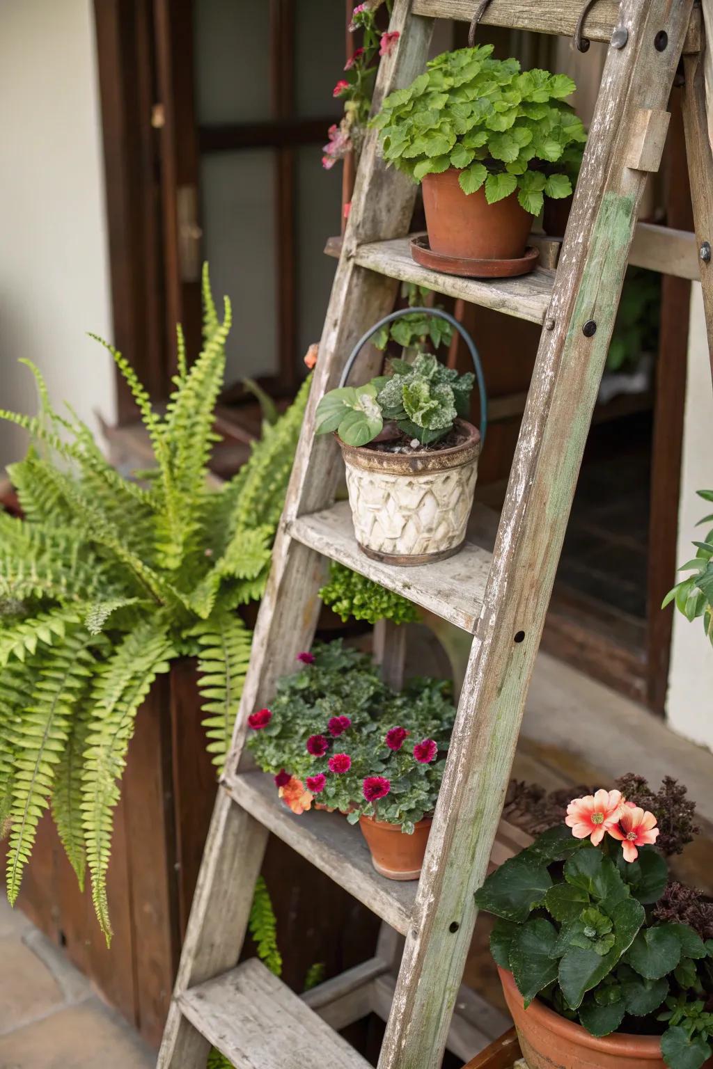 Repurpose an obsolete ladder as a captivating flora stand.