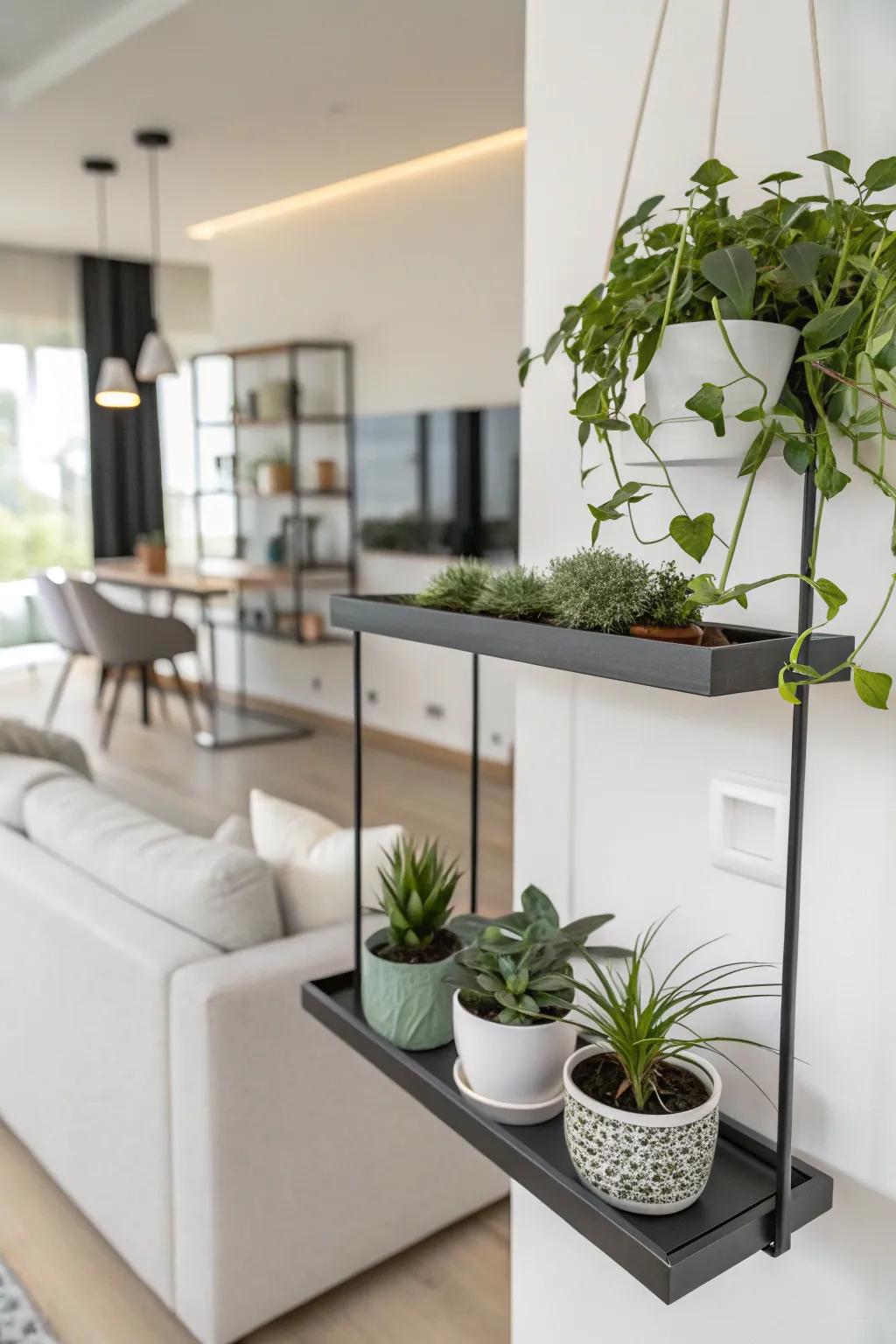 A minimalist hanging plant shelf emphasizing simplicity.