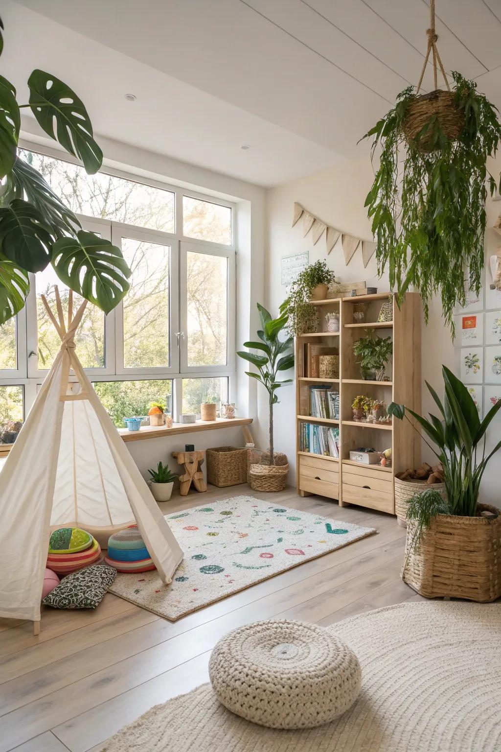 A calm area with nature-inspired features.