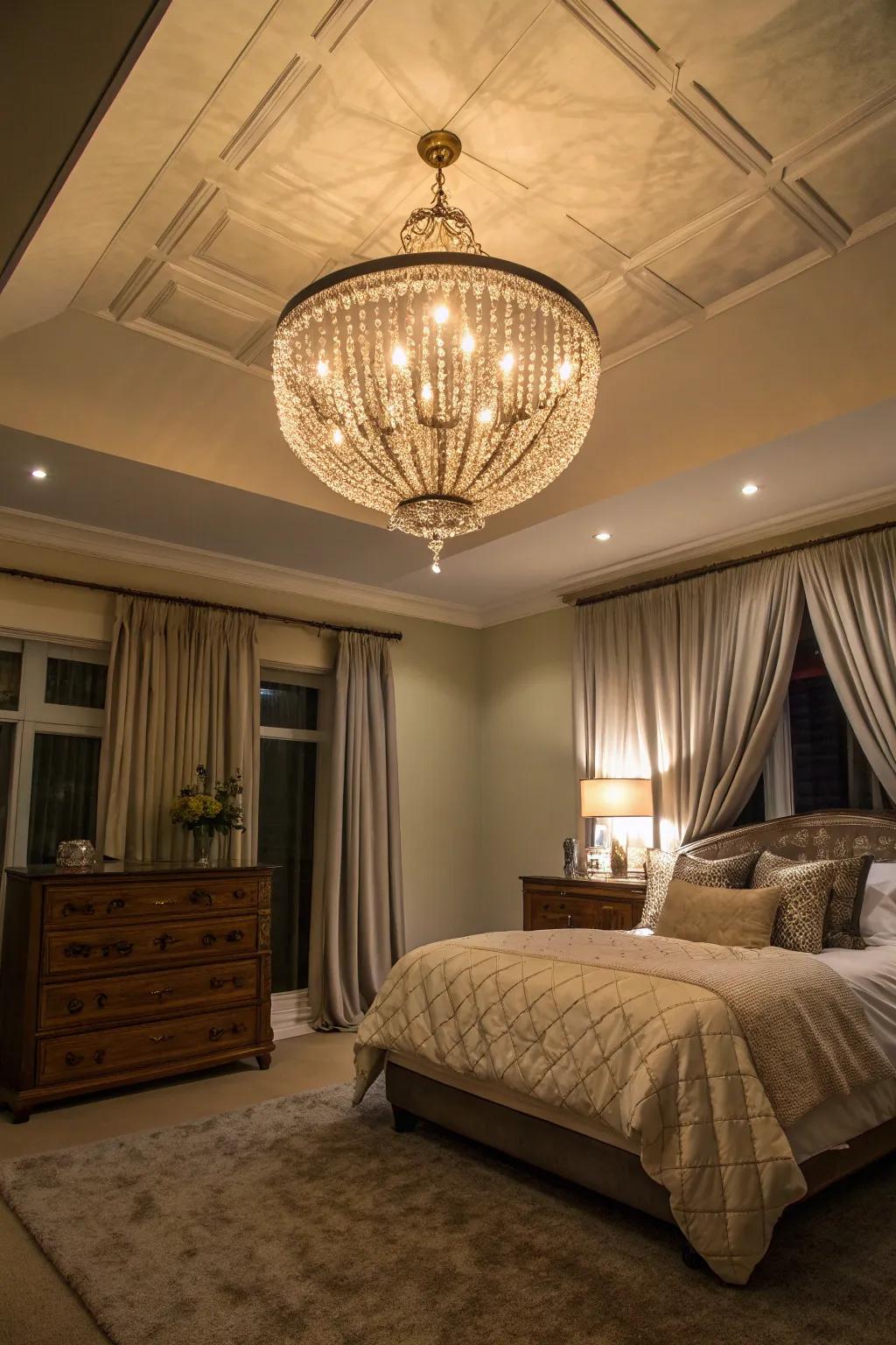 Chandeliers create a dramatic focal point in plush bedrooms.