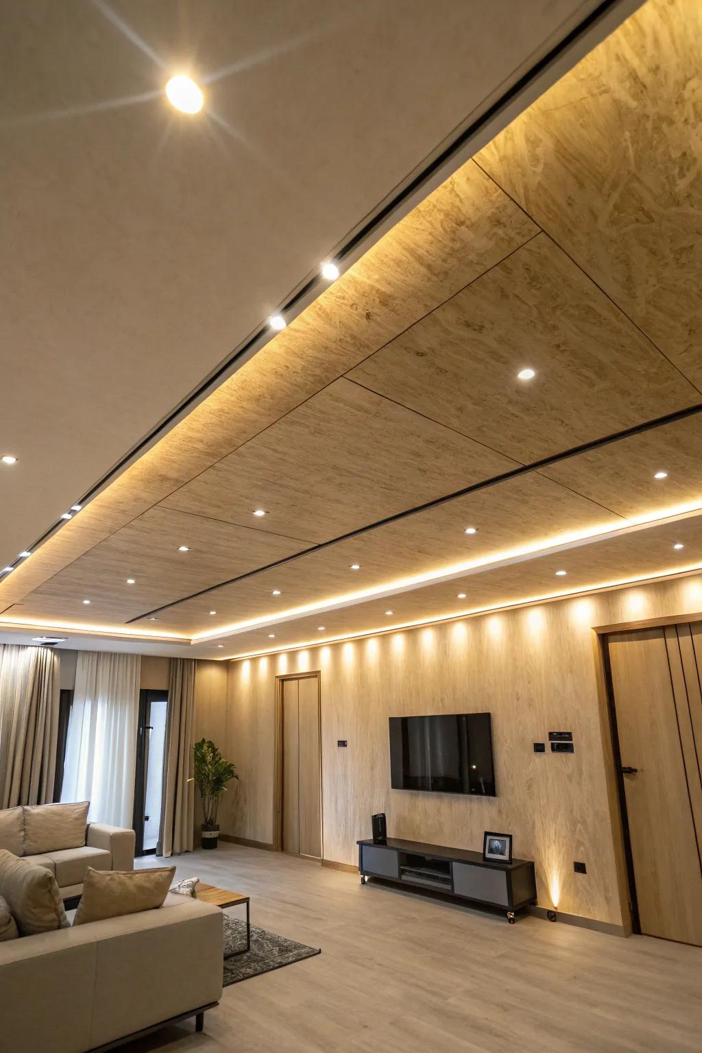 A modern room with recessed lighting enhancing a stylish plywood ceiling.