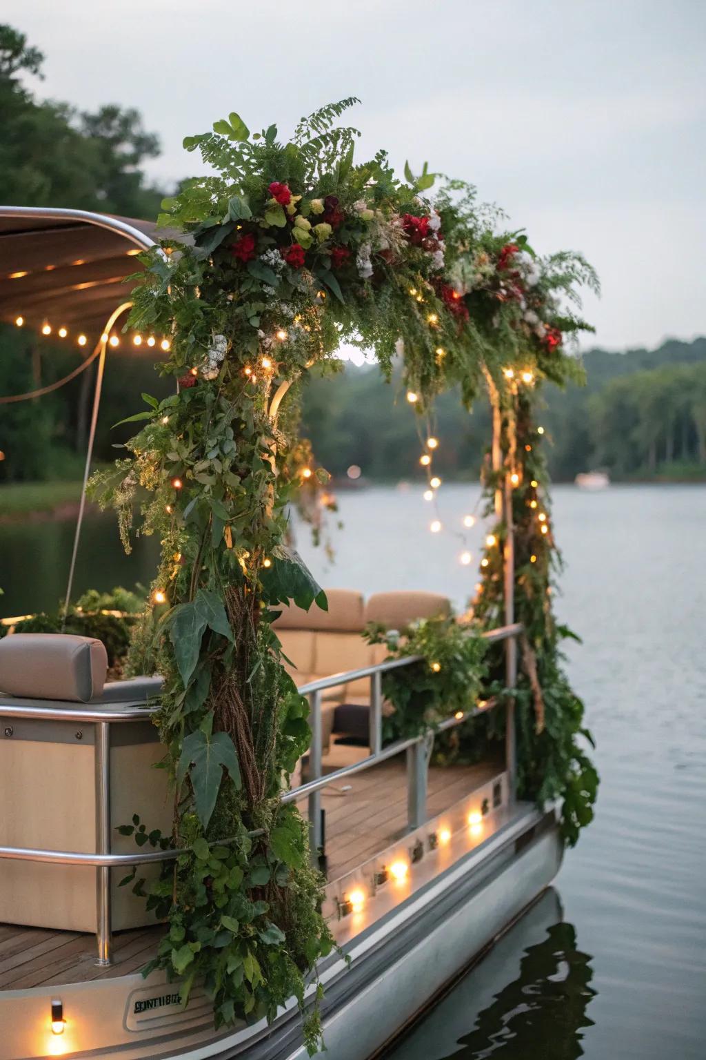 A pontoon boat with a bewitched timberland theme, abundant with lush verdancy and shimmering bulbs.