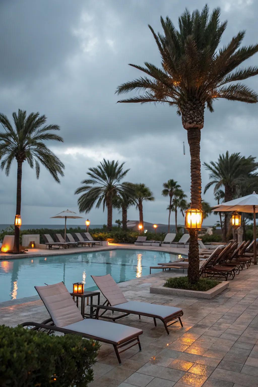 Harmonizing radiant and chill shades establishes a balanced atmosphere surrounding your pool.