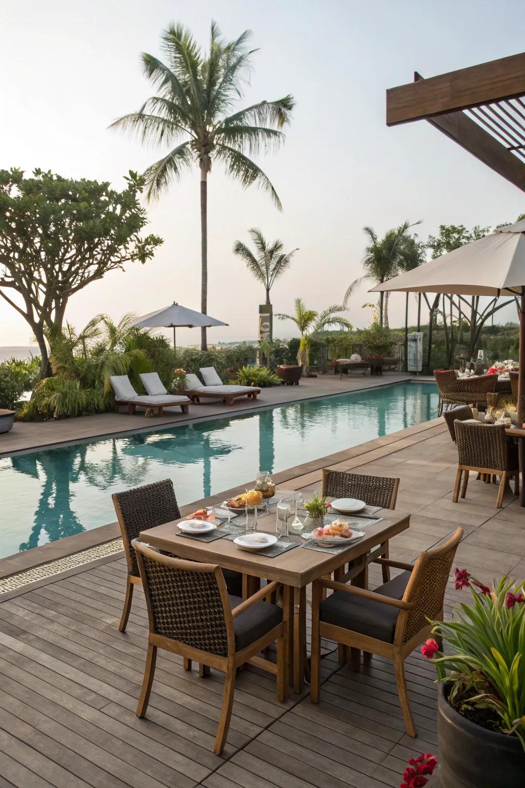 Combined lounging and dining spaces provide adaptable settings.