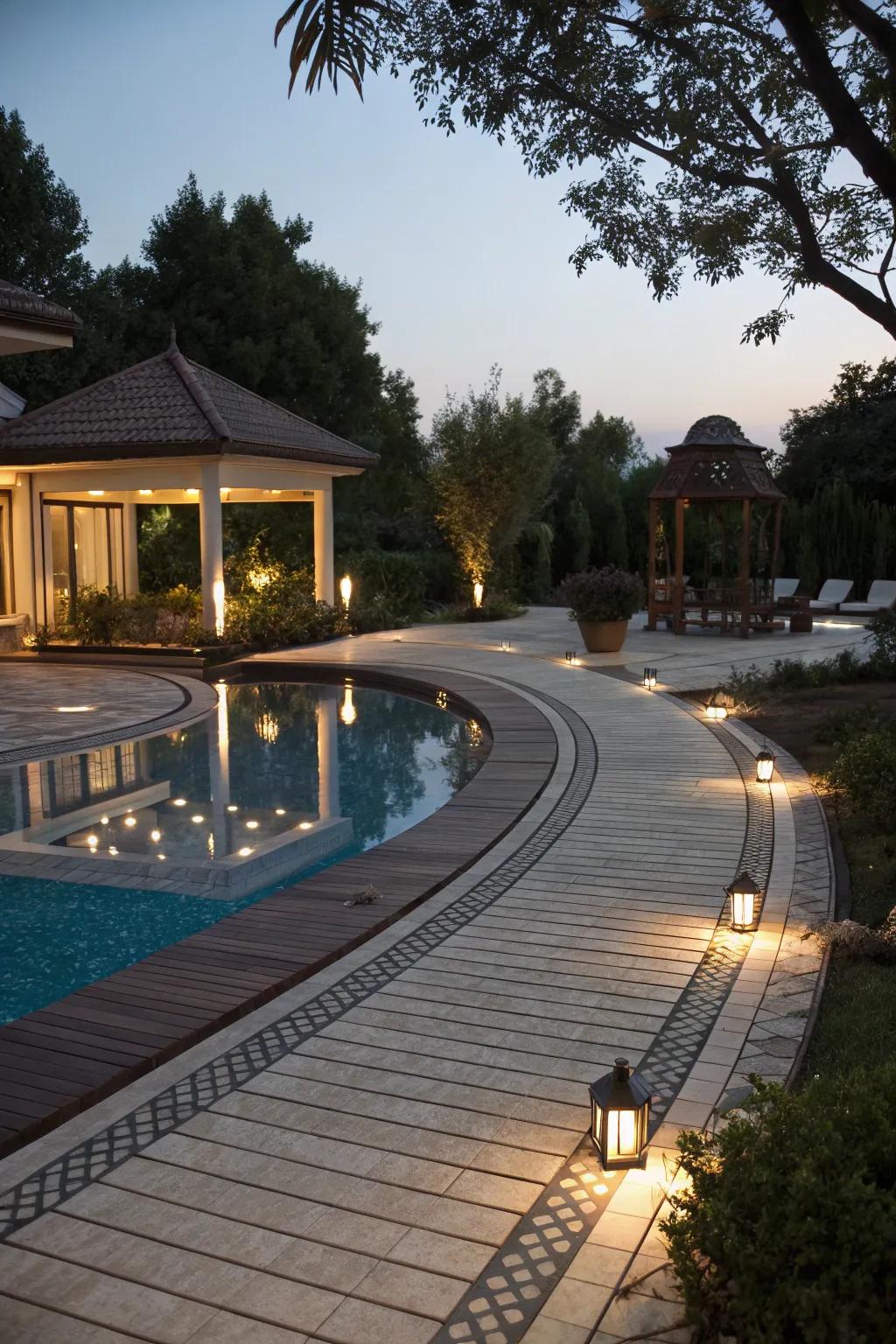 Gentle lighting enhances the poolside atmosphere after dark.