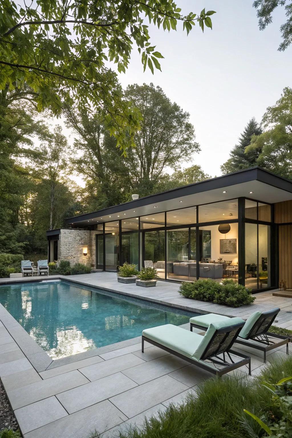 A pool area featuring an unique L-shape design.