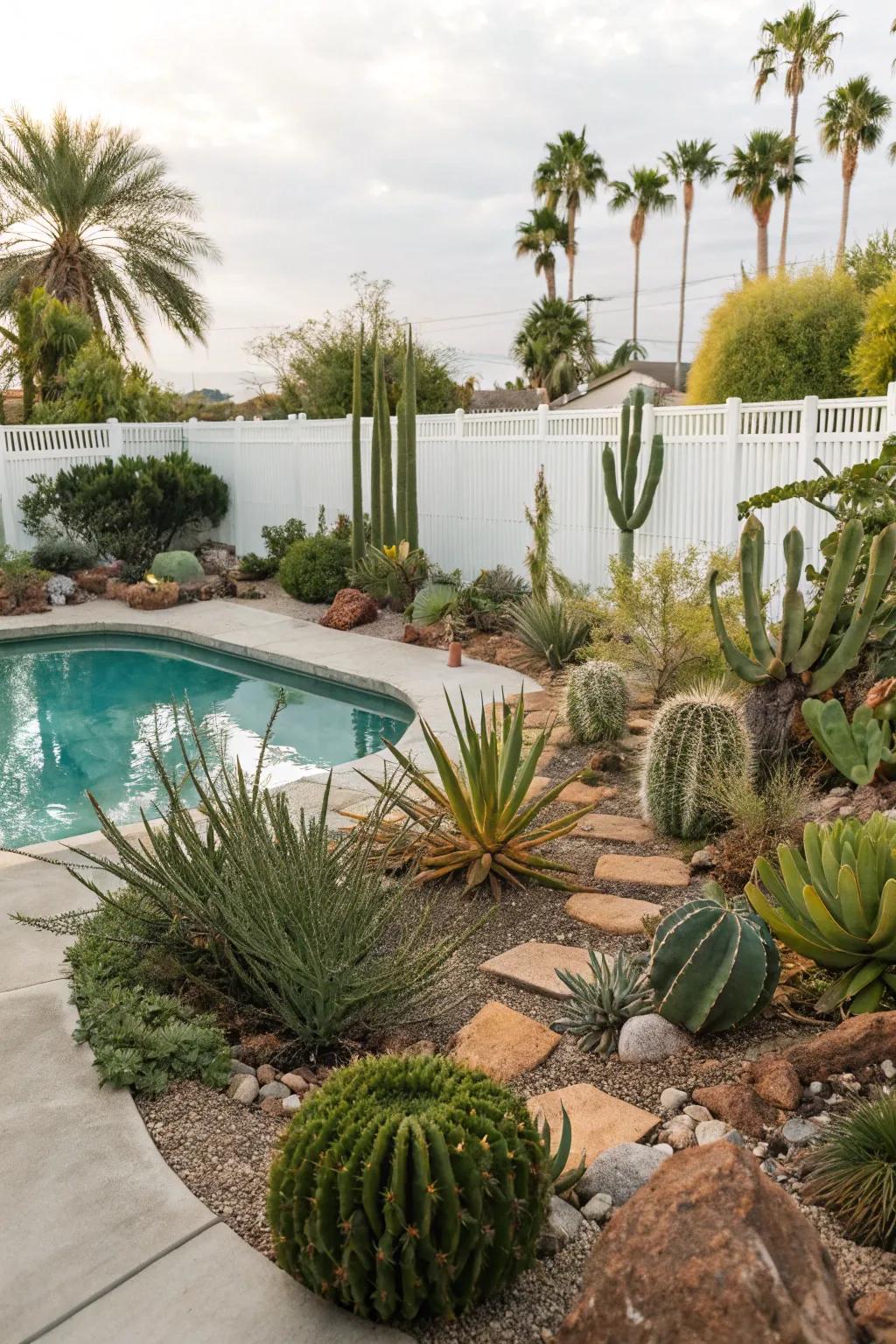 Create a unique desert vibe with low-maintenance succulents around your pool.
