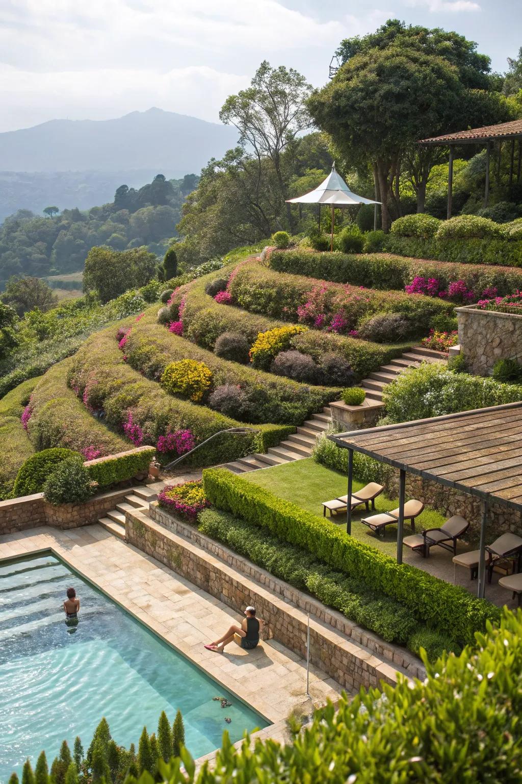 Tiered landscaping enhances privacy and beauty.