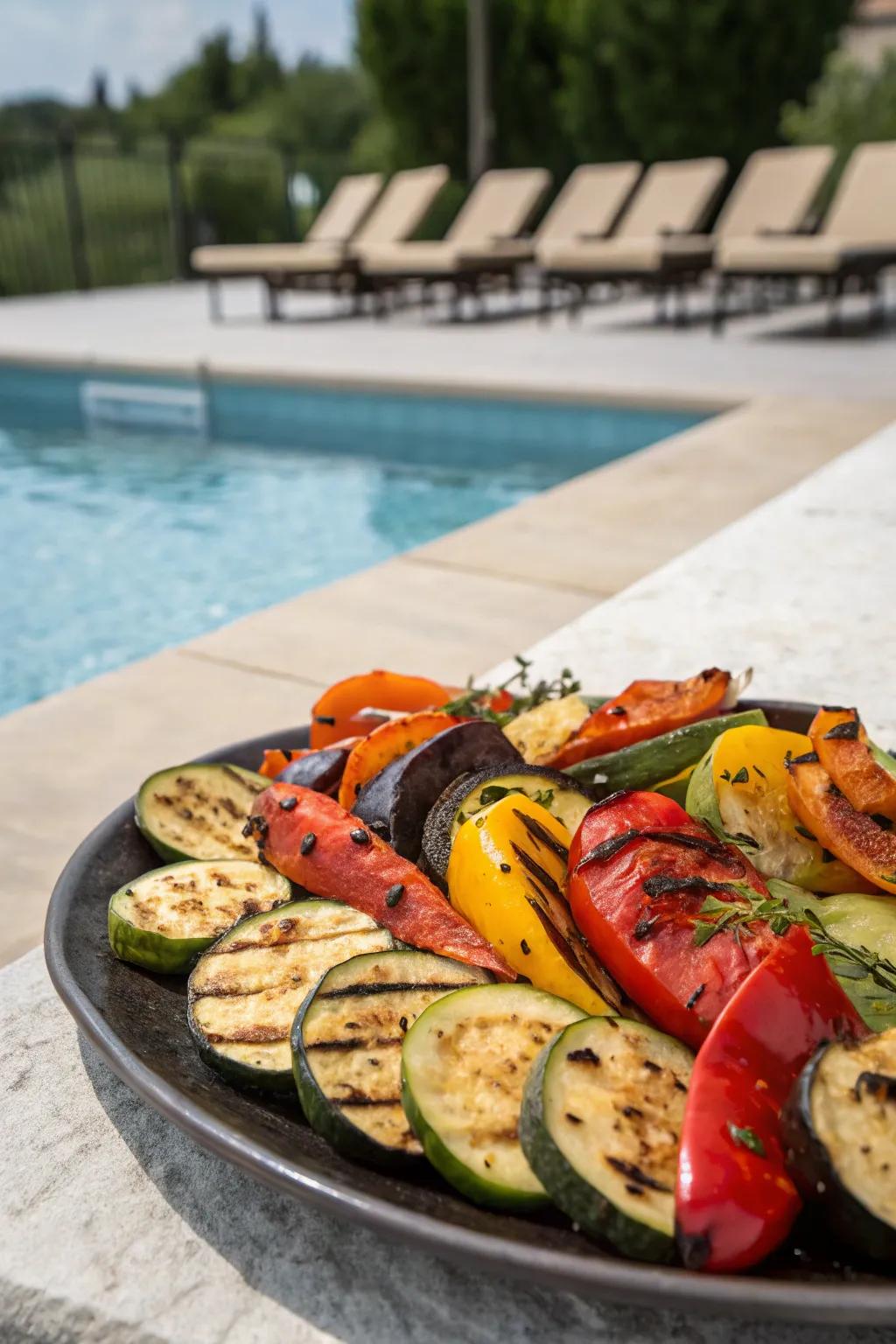 Delight in a platter of herb-infused grilled garden vegetables.
