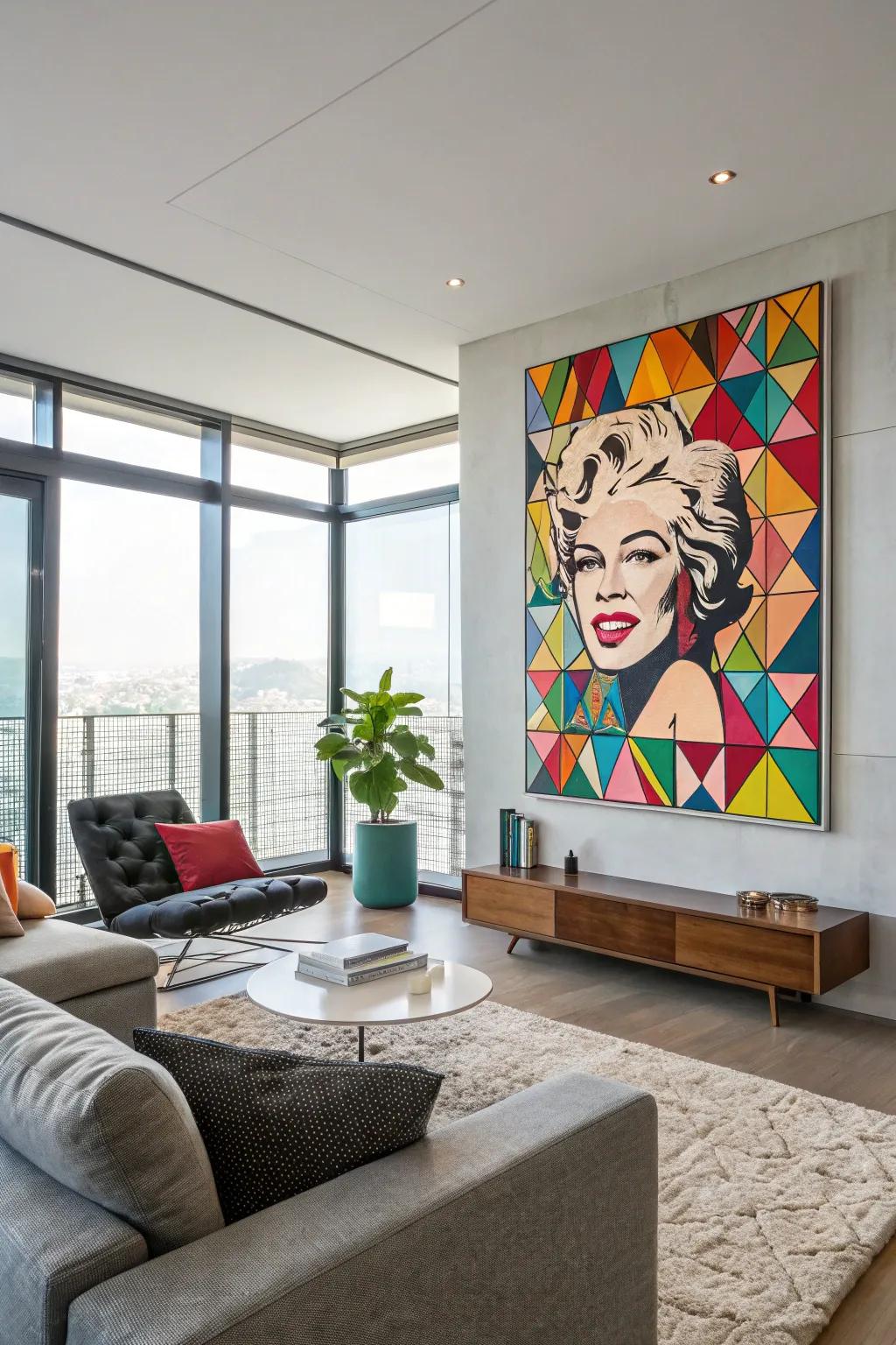 An eye-catching pop art illustration with a vibrant geometric decorated backdrop.