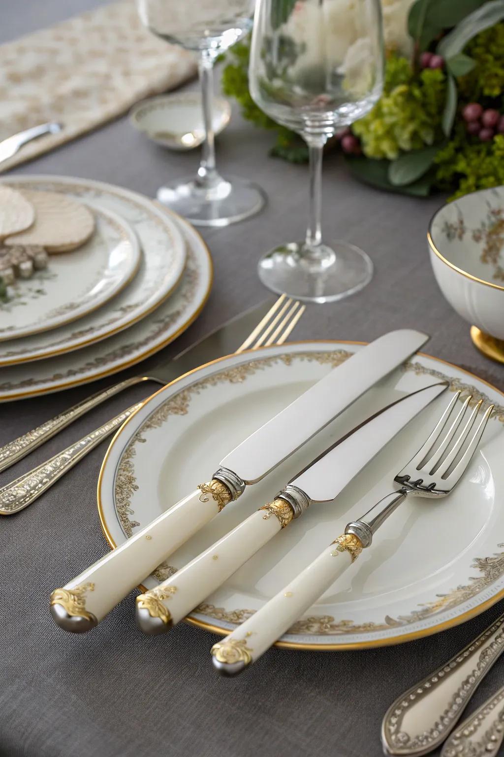 Porcelain silverware holders add elegance to a dining setup.