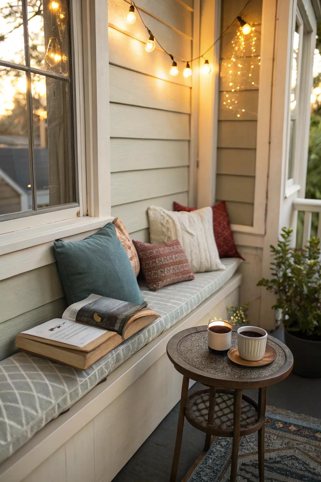 A nook bench fashions an inviting alcove on a petite porch.