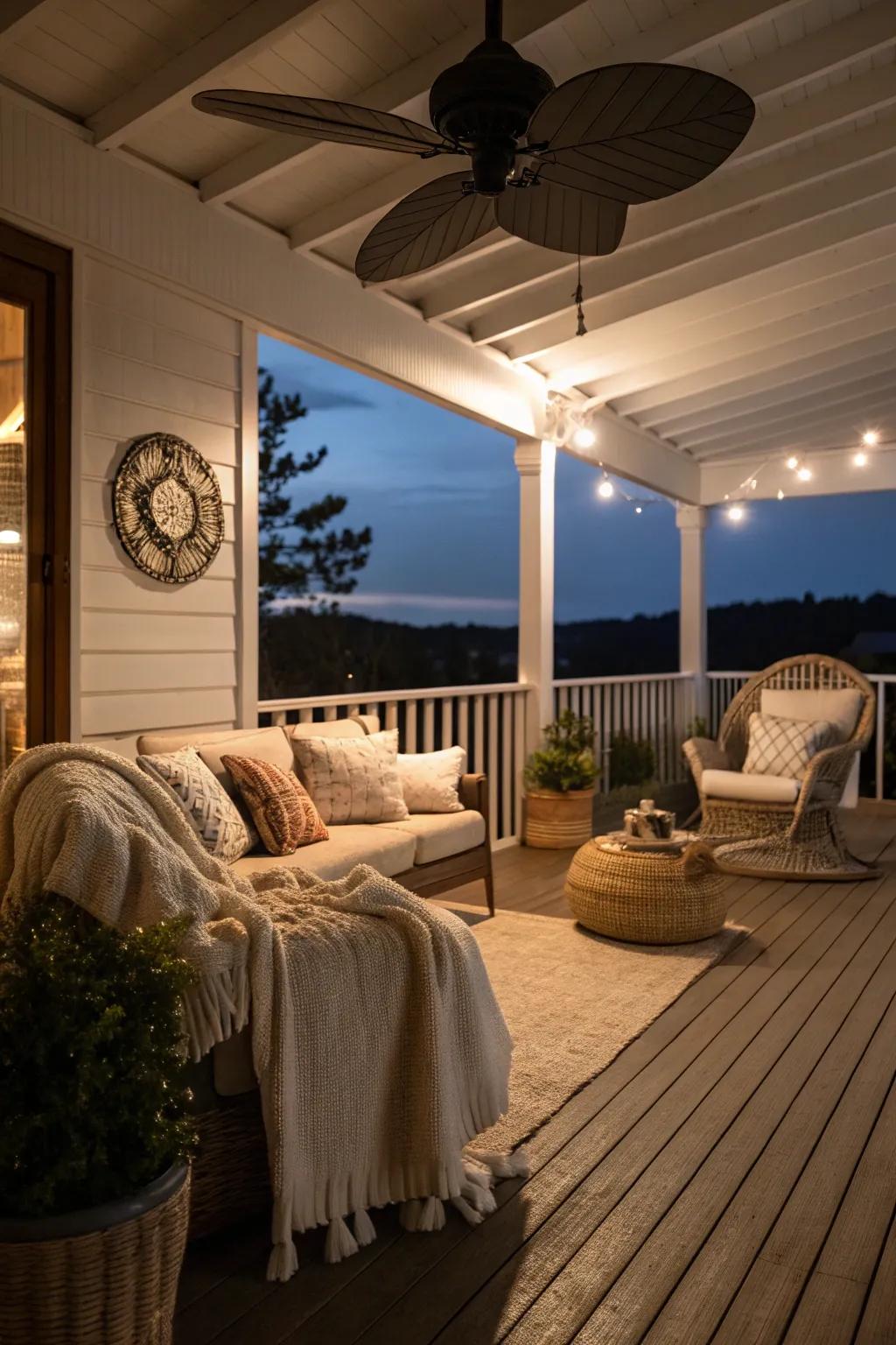 An LED air mover keeps this porch well-lit and welcoming for evening relaxation.