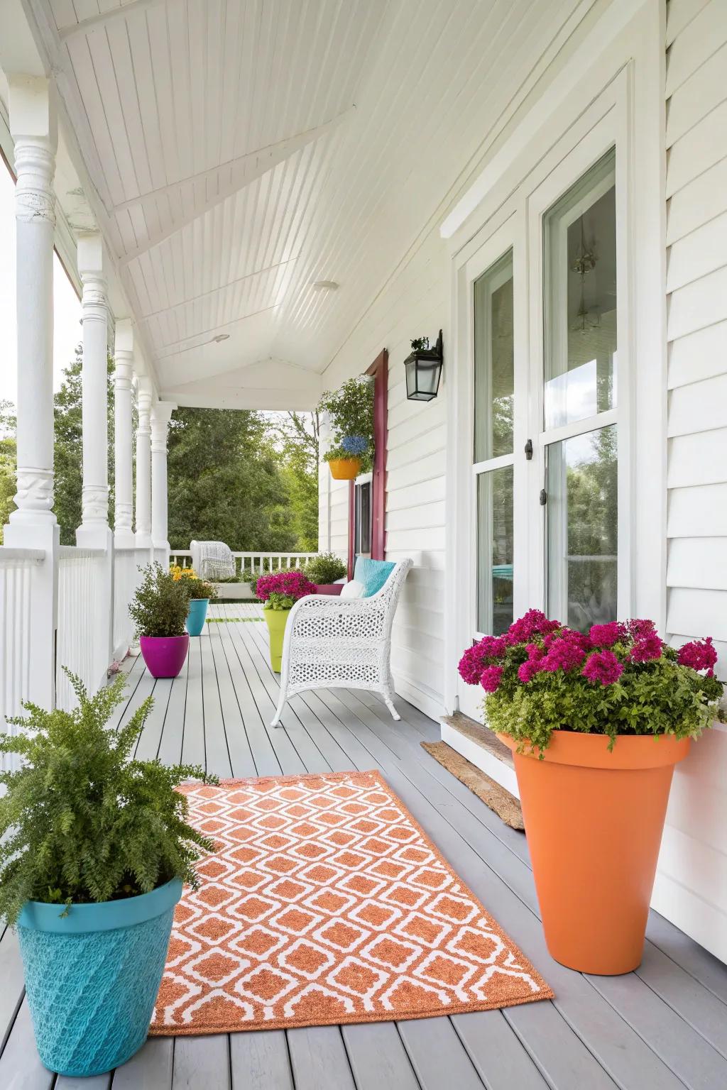 A timeless alabaster veranda with vibrant accents that contribute a personal touch.